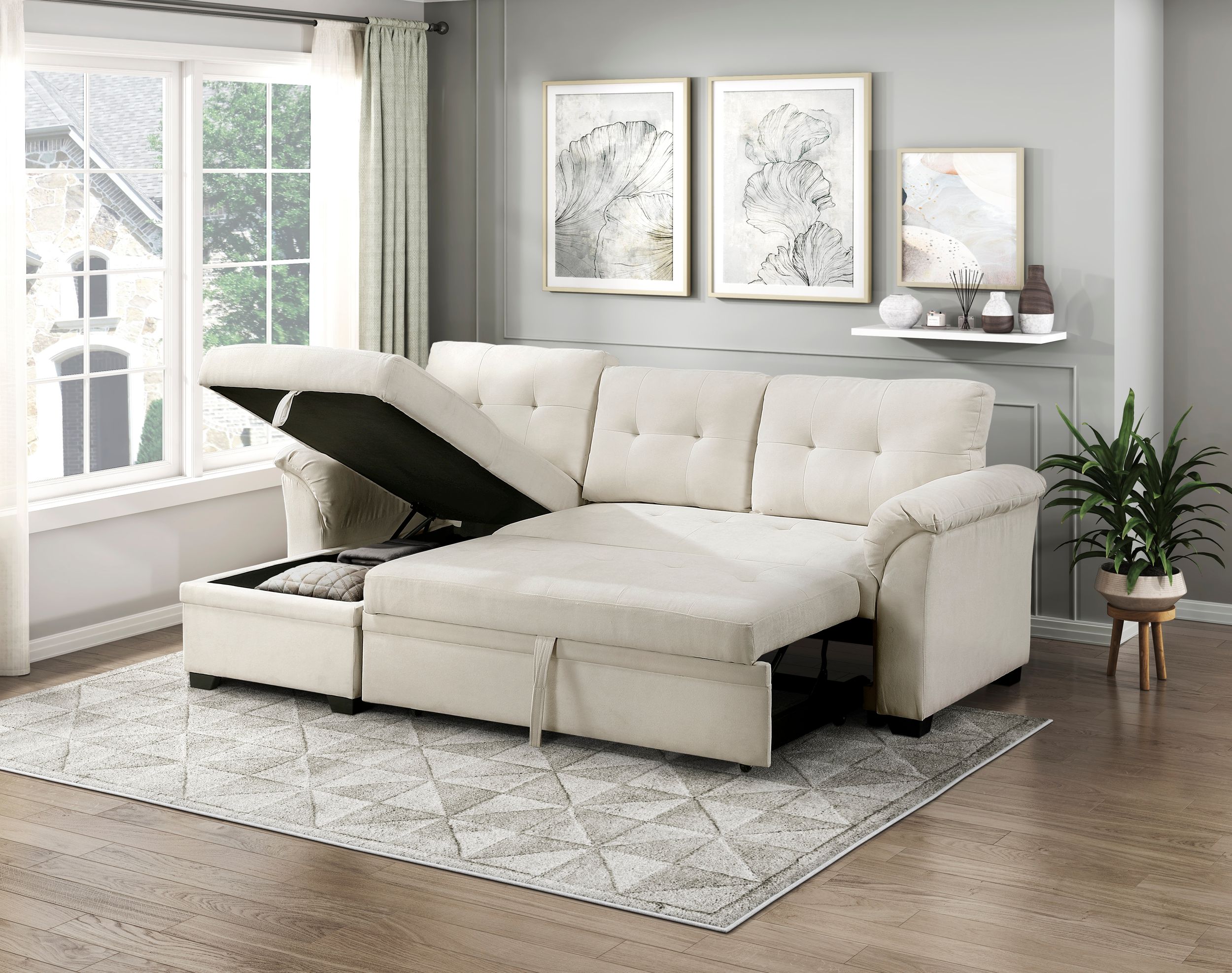 Elara Polyester 2‑Piece Reversible Sectional with Pull‑out Bed, Reversible Chaise & Hidden Storage