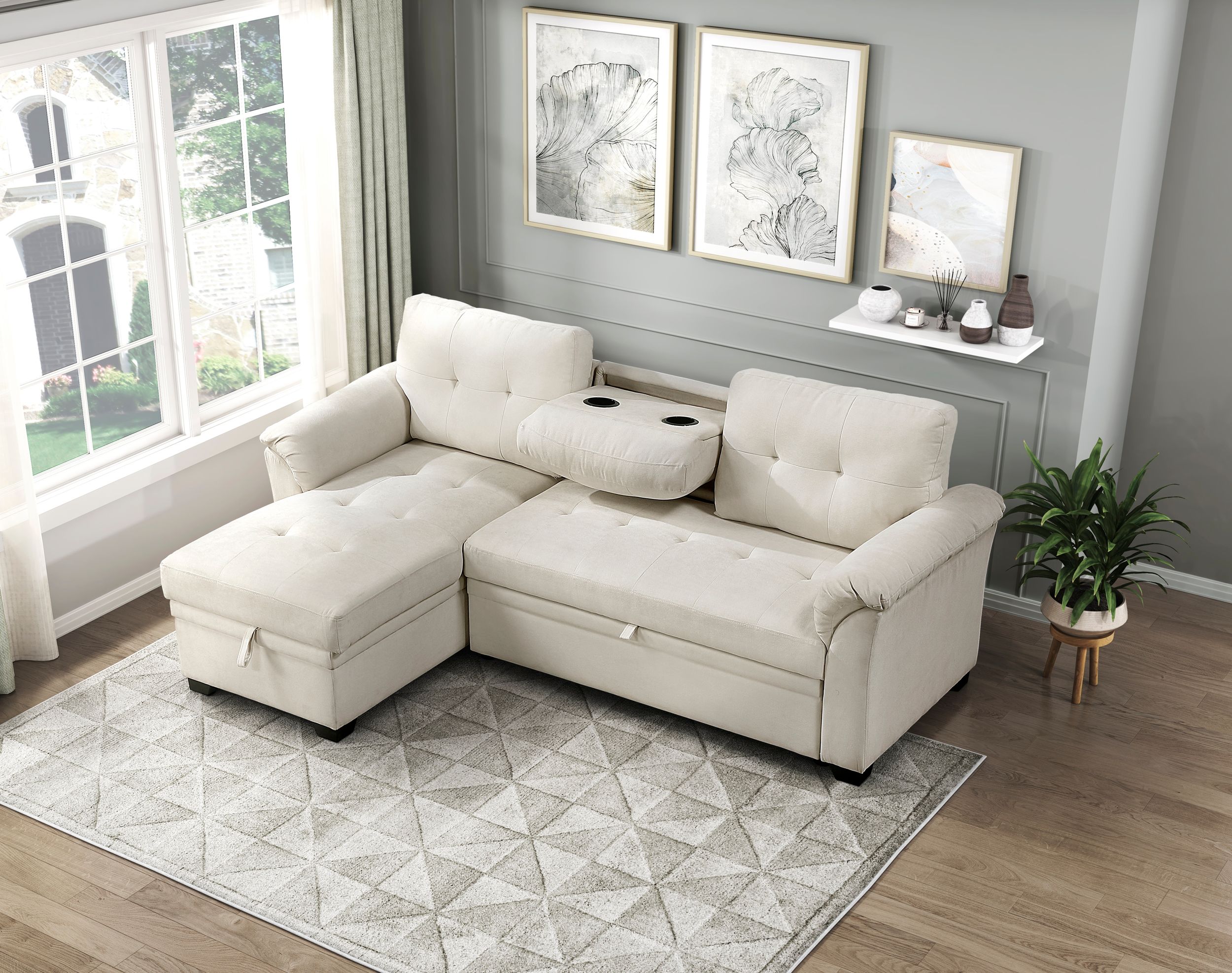 Elara Polyester 2‑Piece Reversible Sectional with Pull‑out Bed, Reversible Chaise & Hidden Storage