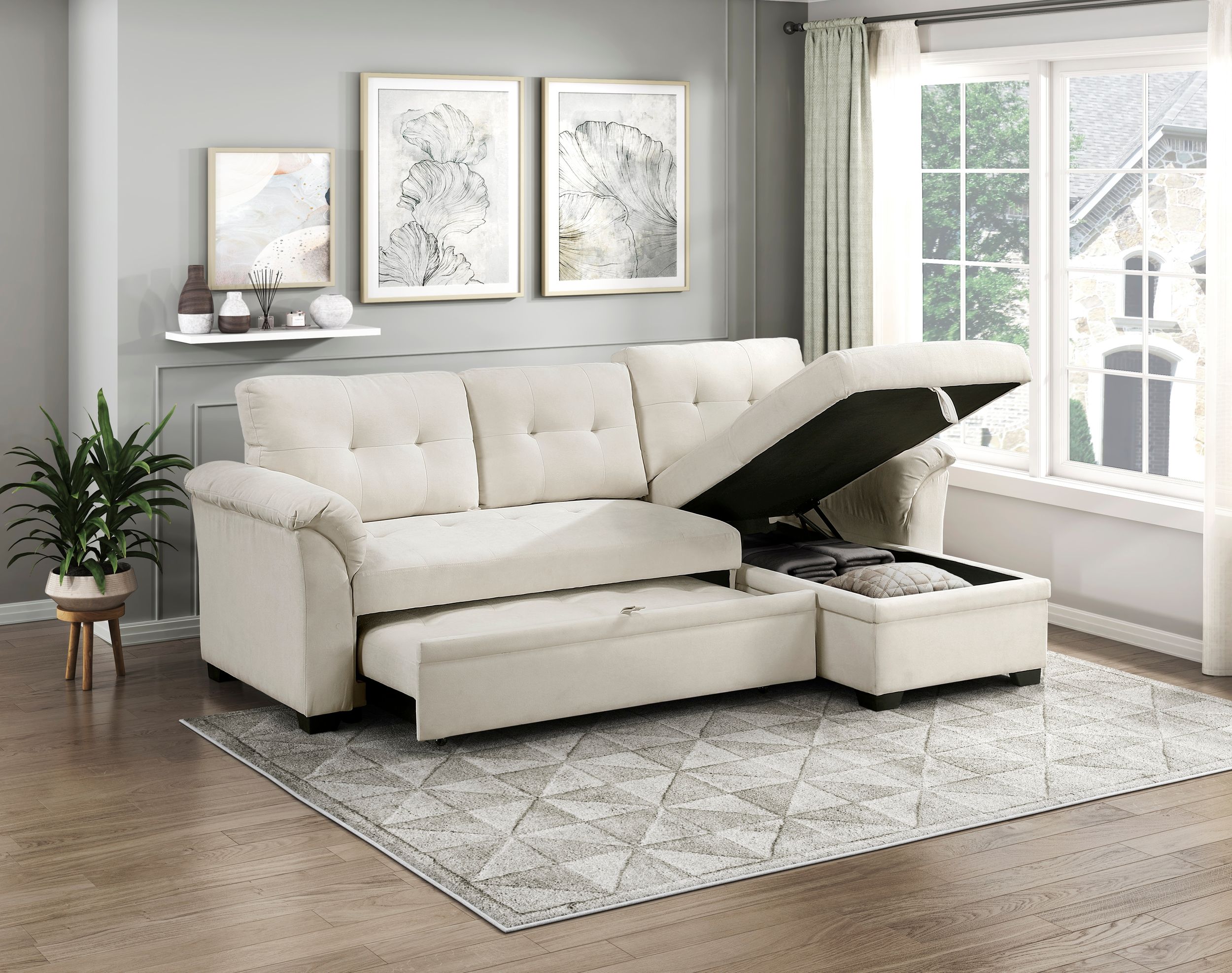 Elara Polyester 2‑Piece Reversible Sectional with Pull‑out Bed, Reversible Chaise & Hidden Storage