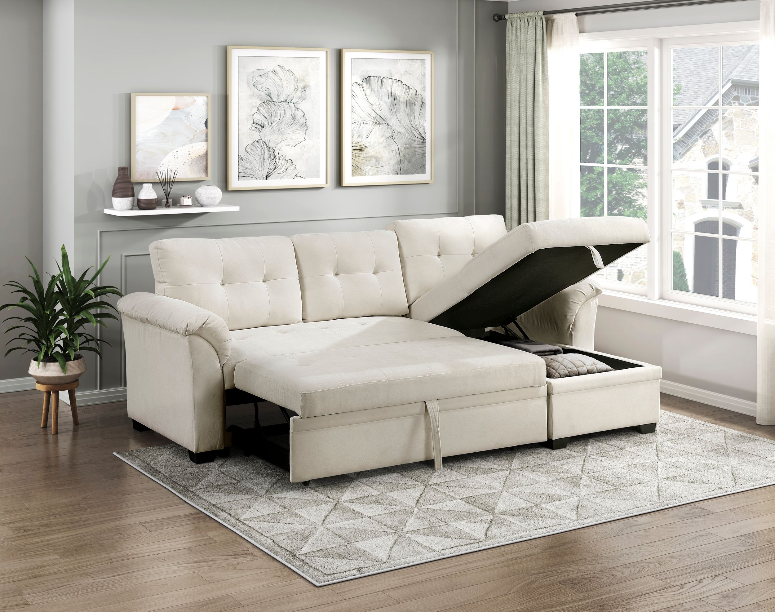 Elara Polyester 2‑Piece Reversible Sectional with Pull‑out Bed, Reversible Chaise & Hidden Storage