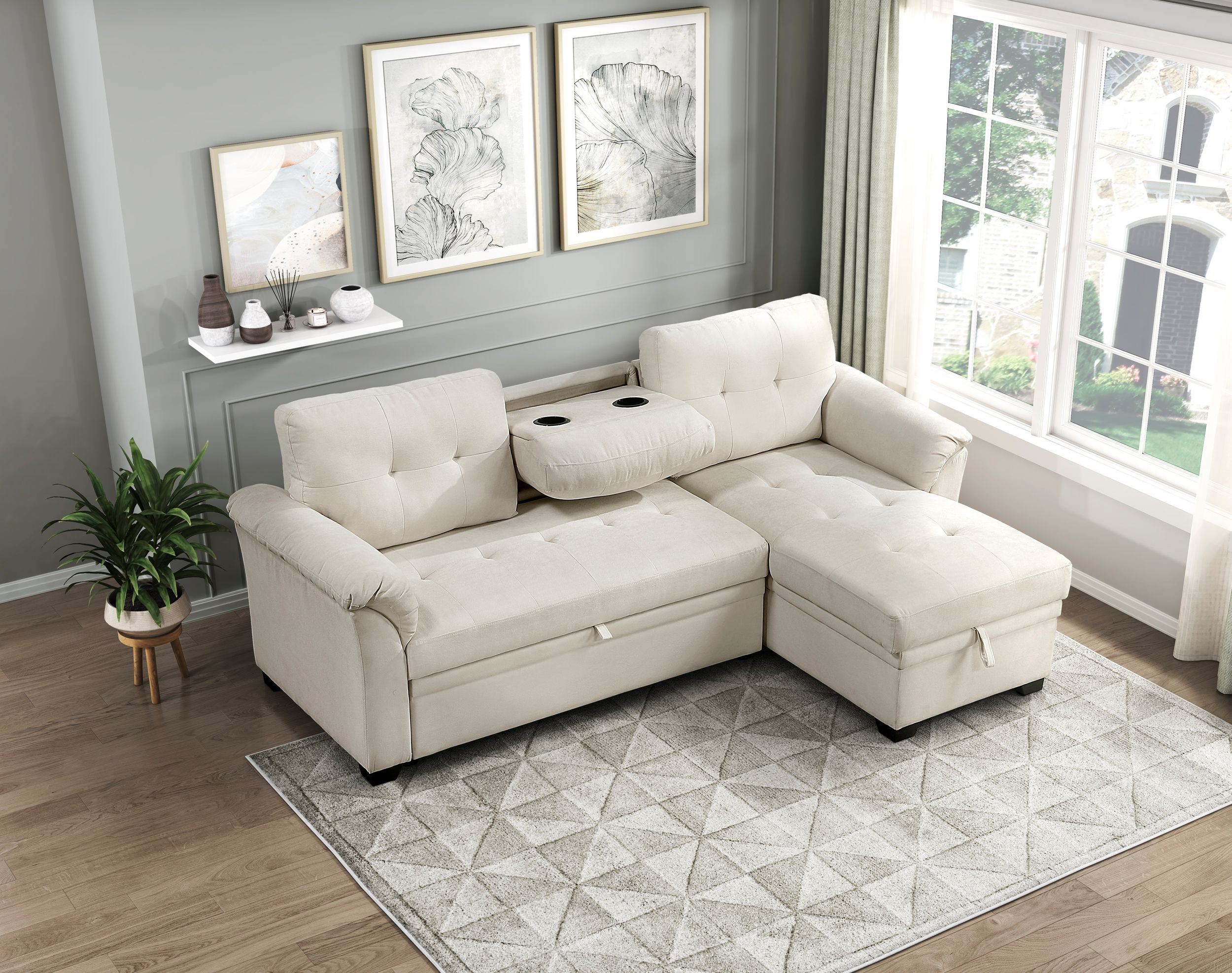 Elara Polyester 2‑Piece Reversible Sectional with Pull‑out Bed, Reversible Chaise & Hidden Storage