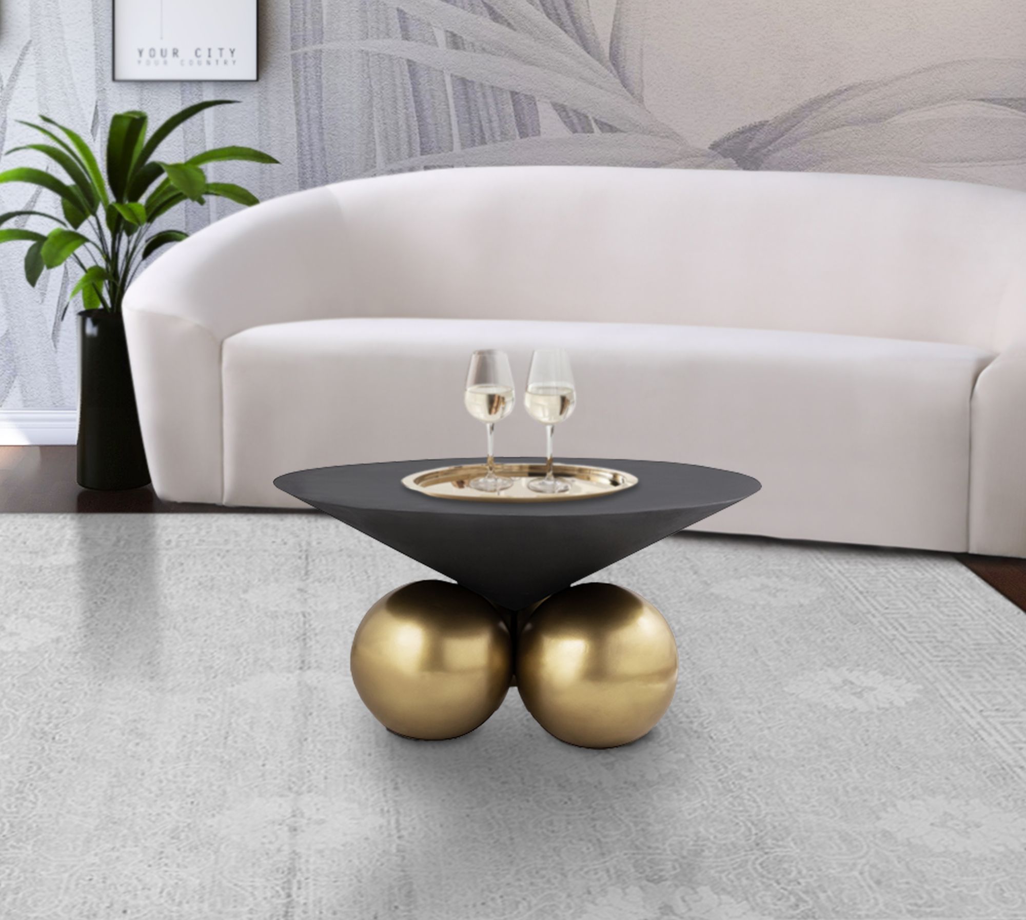 Naples 30" Round Cement Coffee Table with Brushed Brass Base
