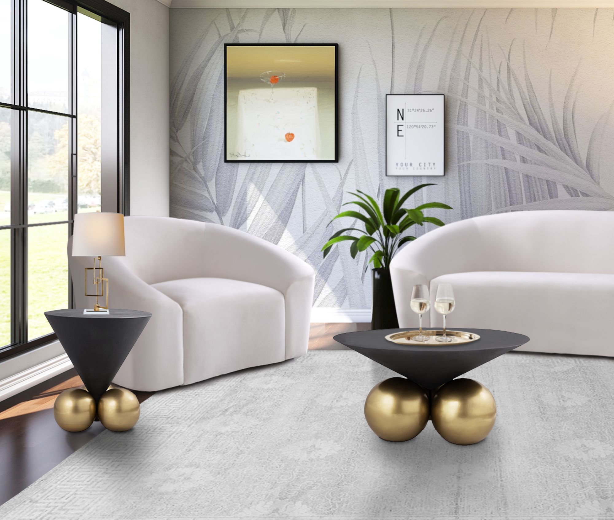 Naples 30" Round Cement Coffee Table with Brushed Brass Base