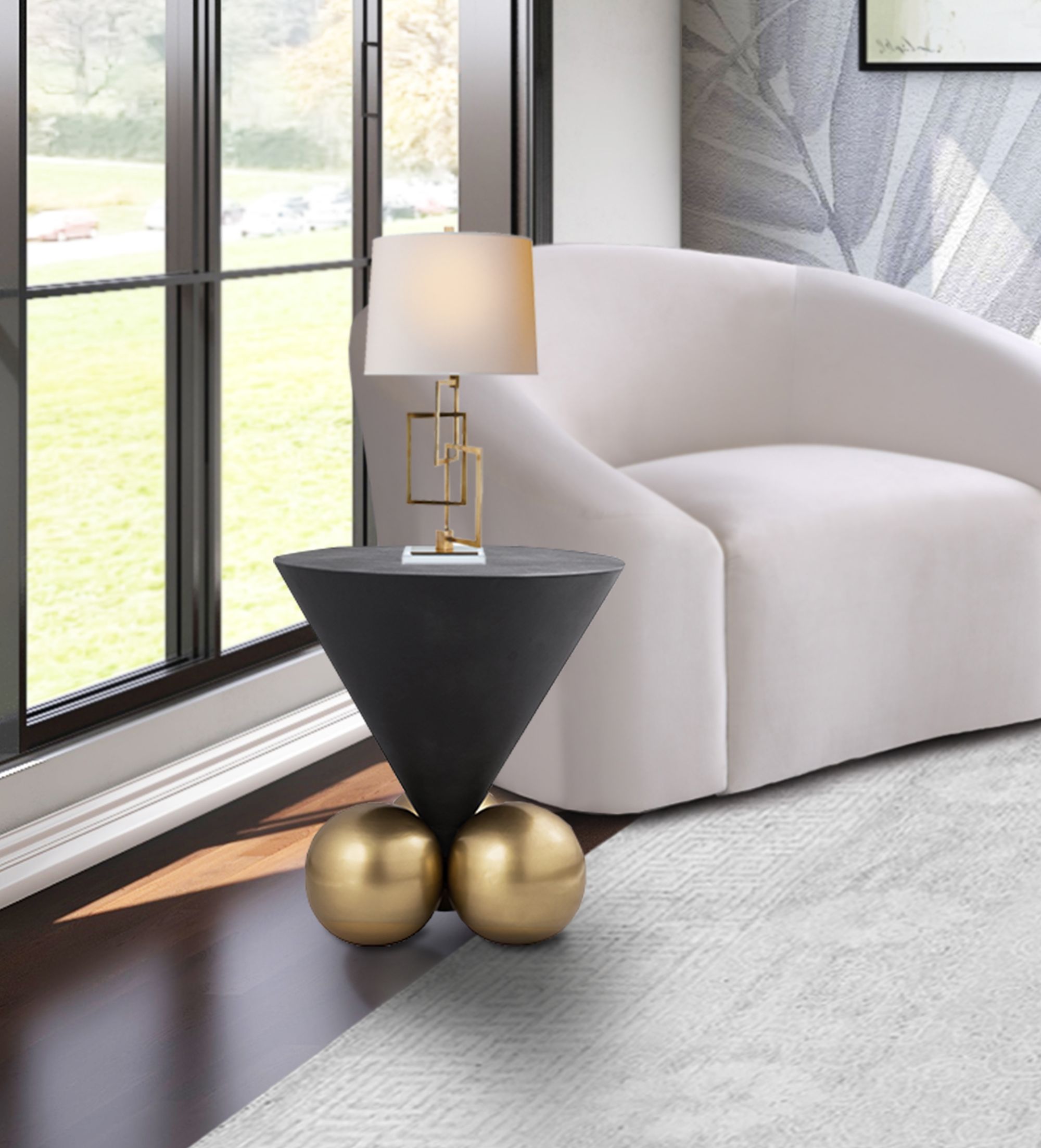 Naples 20" Round Cement End Table with Brushed Brass Base