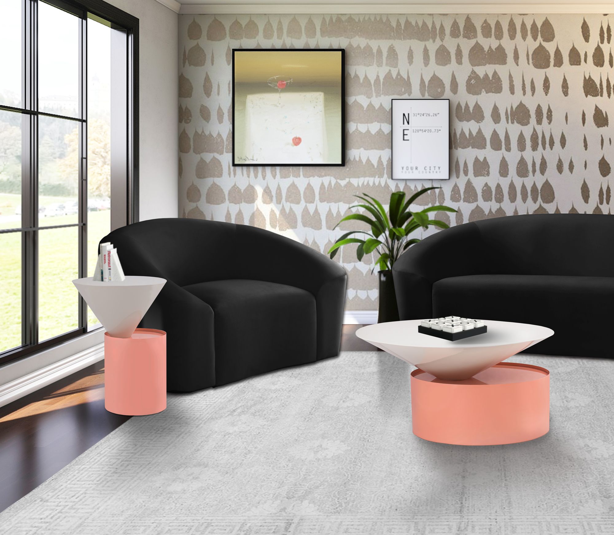 Damon 30" Round Metal Coffee Table with Pink Base