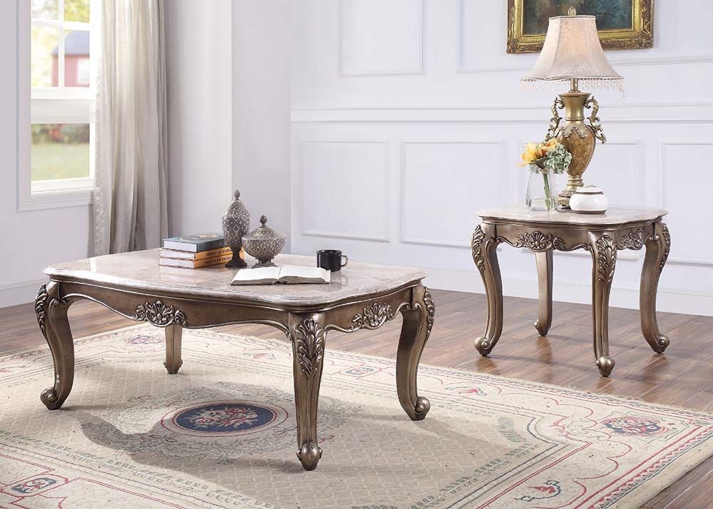 Benjara Faux Marble Top Engraved Wooden Frame Coffee Table