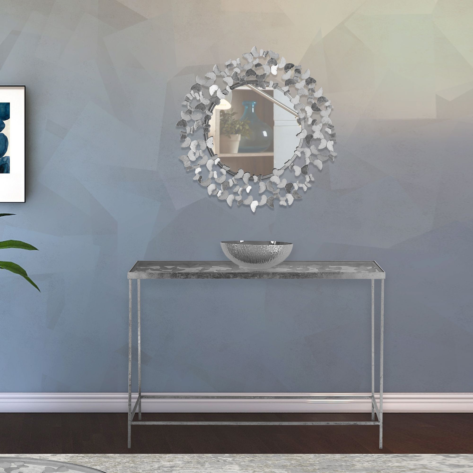 Butterfly 40" Rectangular Glass Top Console Table with Silver Foil Base