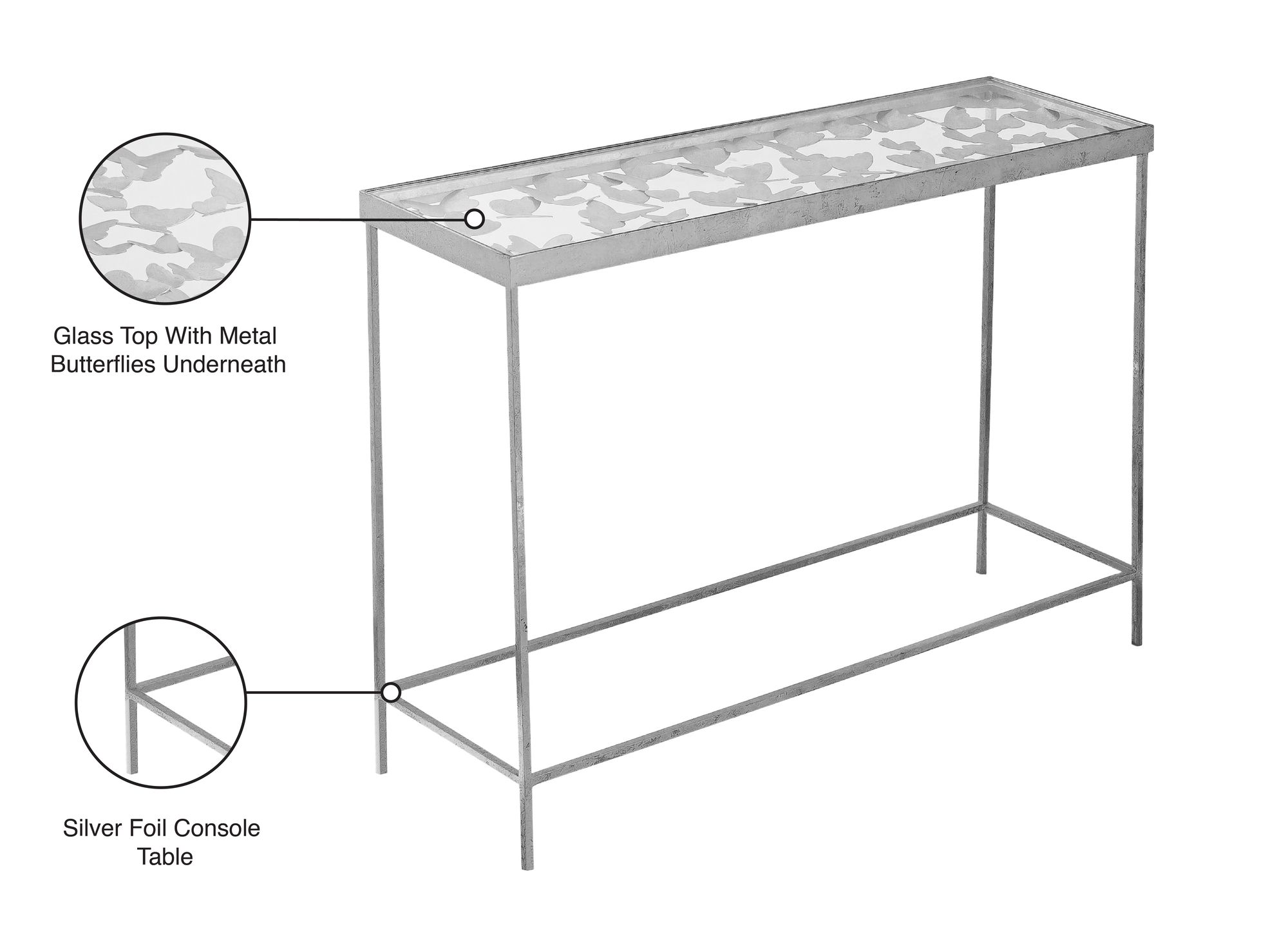 Butterfly 40" Rectangular Glass Top Console Table with Silver Foil Base