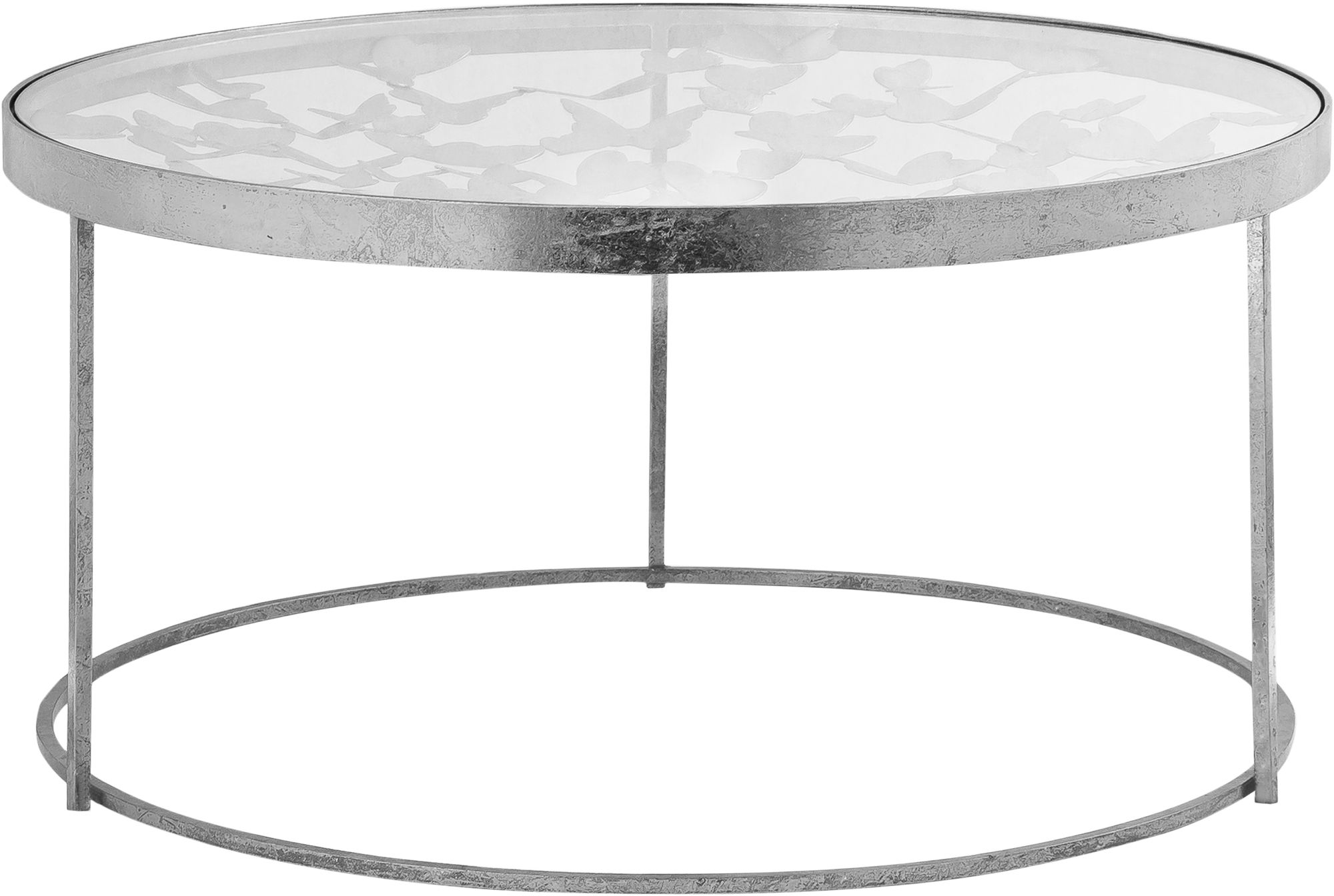 Butterfly 31" Round Glass Coffee Table with Silver Foil Base