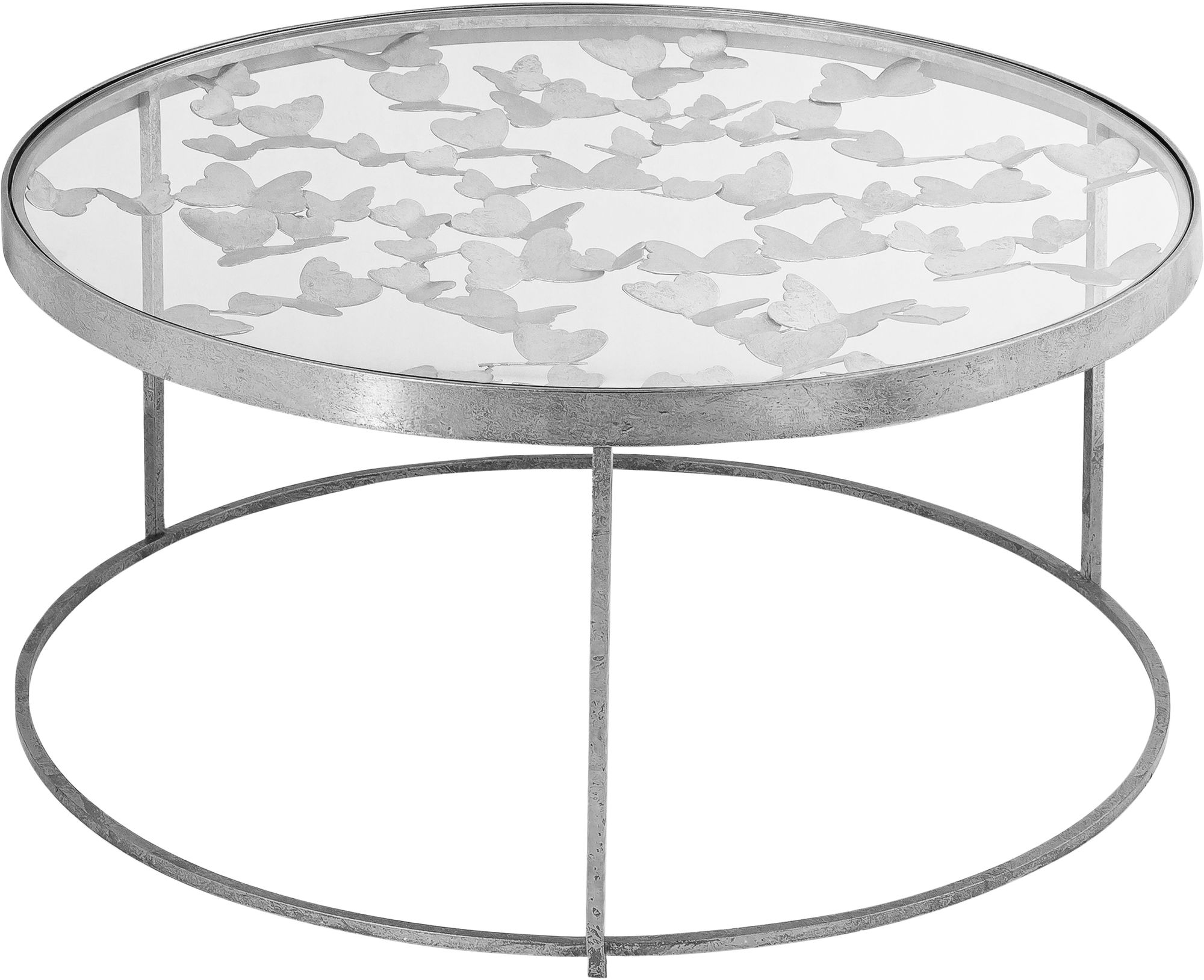 Butterfly 31" Round Glass Coffee Table with Silver Foil Base