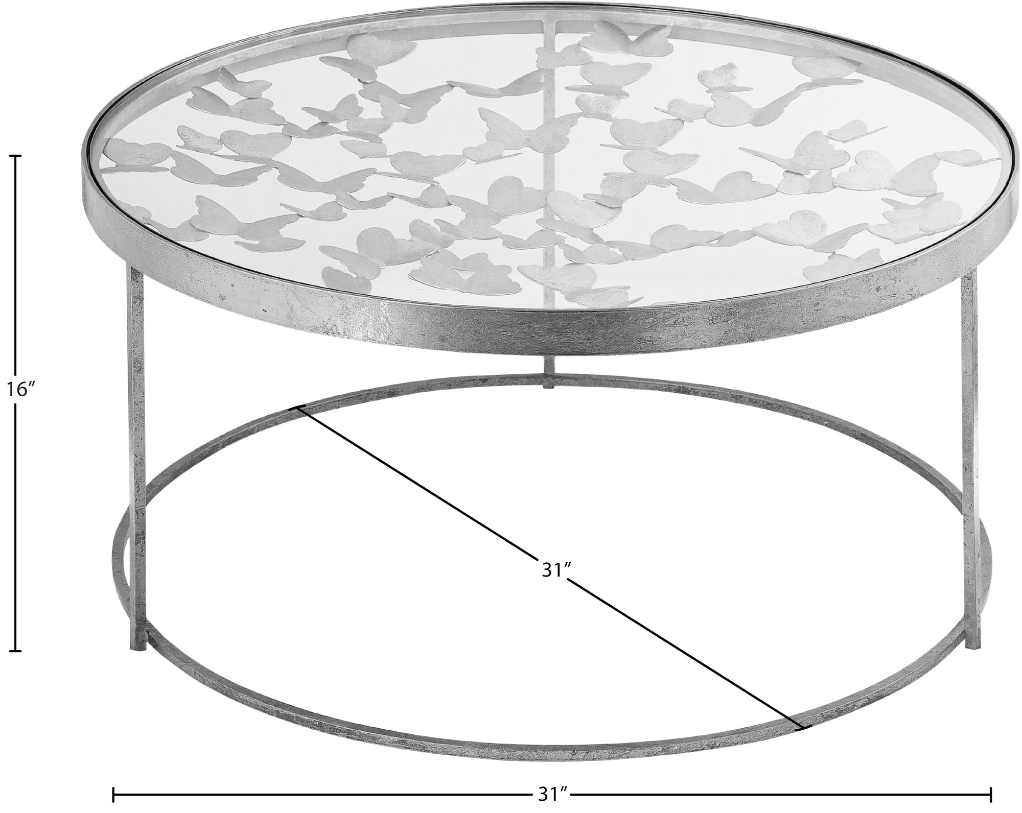 Butterfly 31" Round Glass Coffee Table with Silver Foil Base