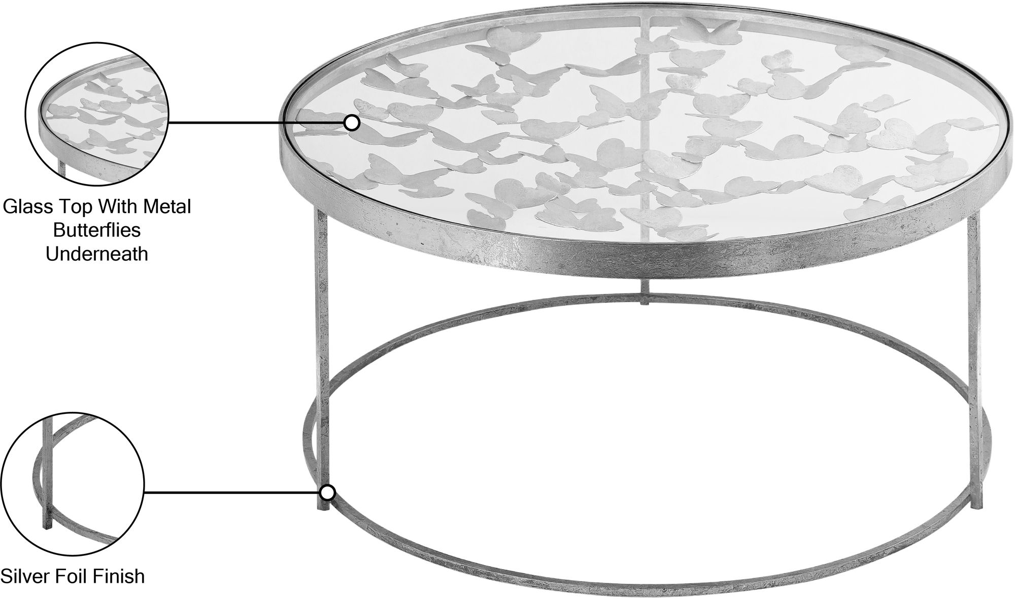 Butterfly 31" Round Glass Coffee Table with Silver Foil Base