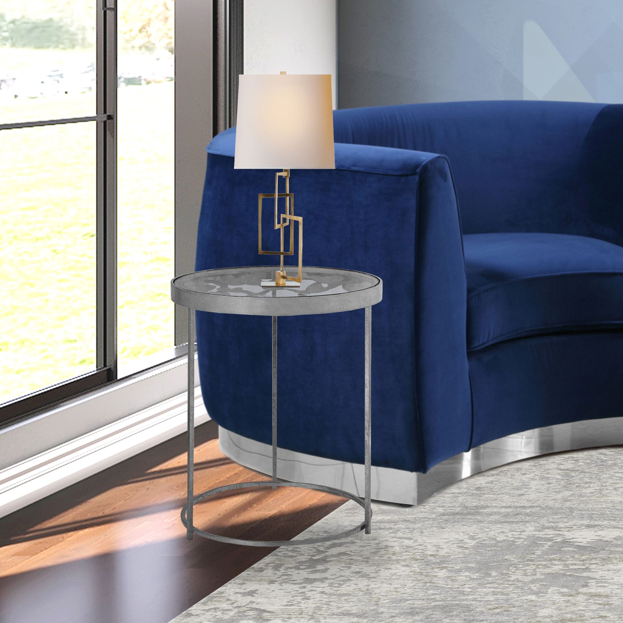Butterfly 16" Round Glass End Table with Silver Foil Base