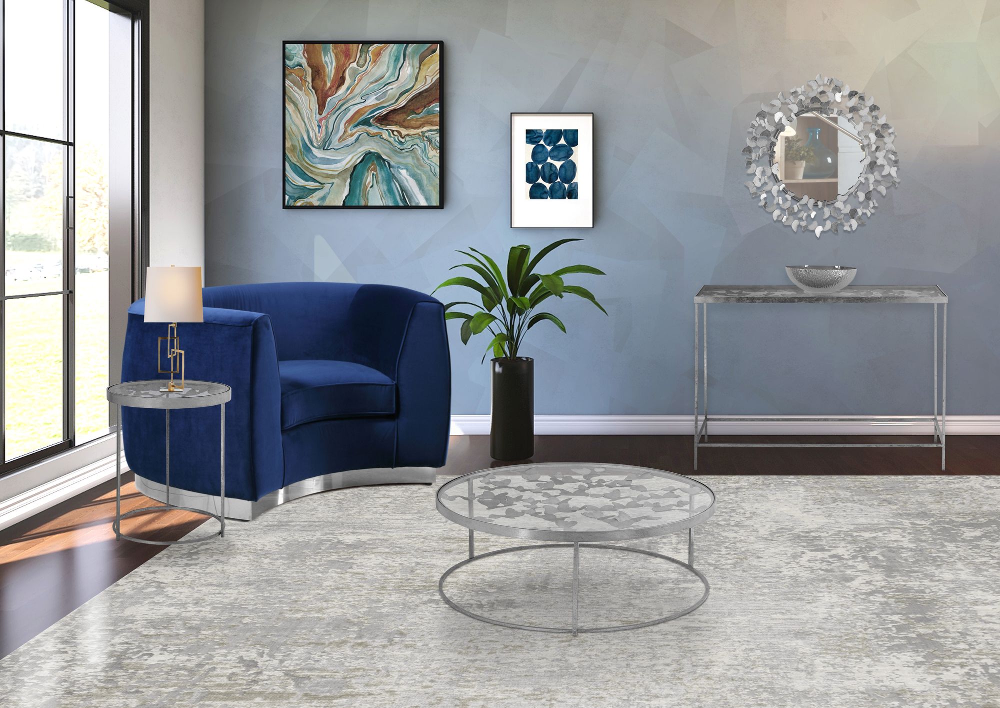 Butterfly 16" Round Glass End Table with Silver Foil Base