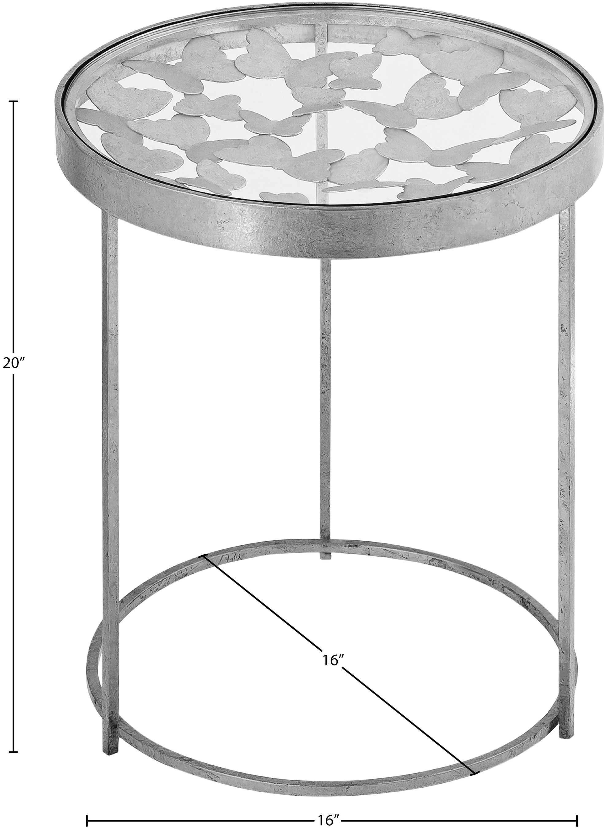 Butterfly 16" Round Glass End Table with Silver Foil Base
