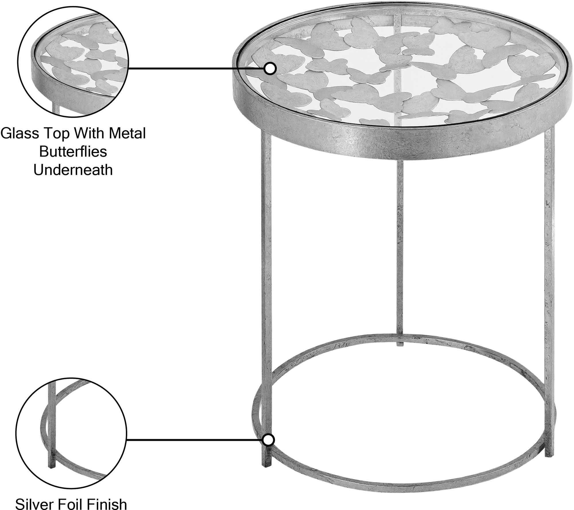 Butterfly 16" Round Glass End Table with Silver Foil Base
