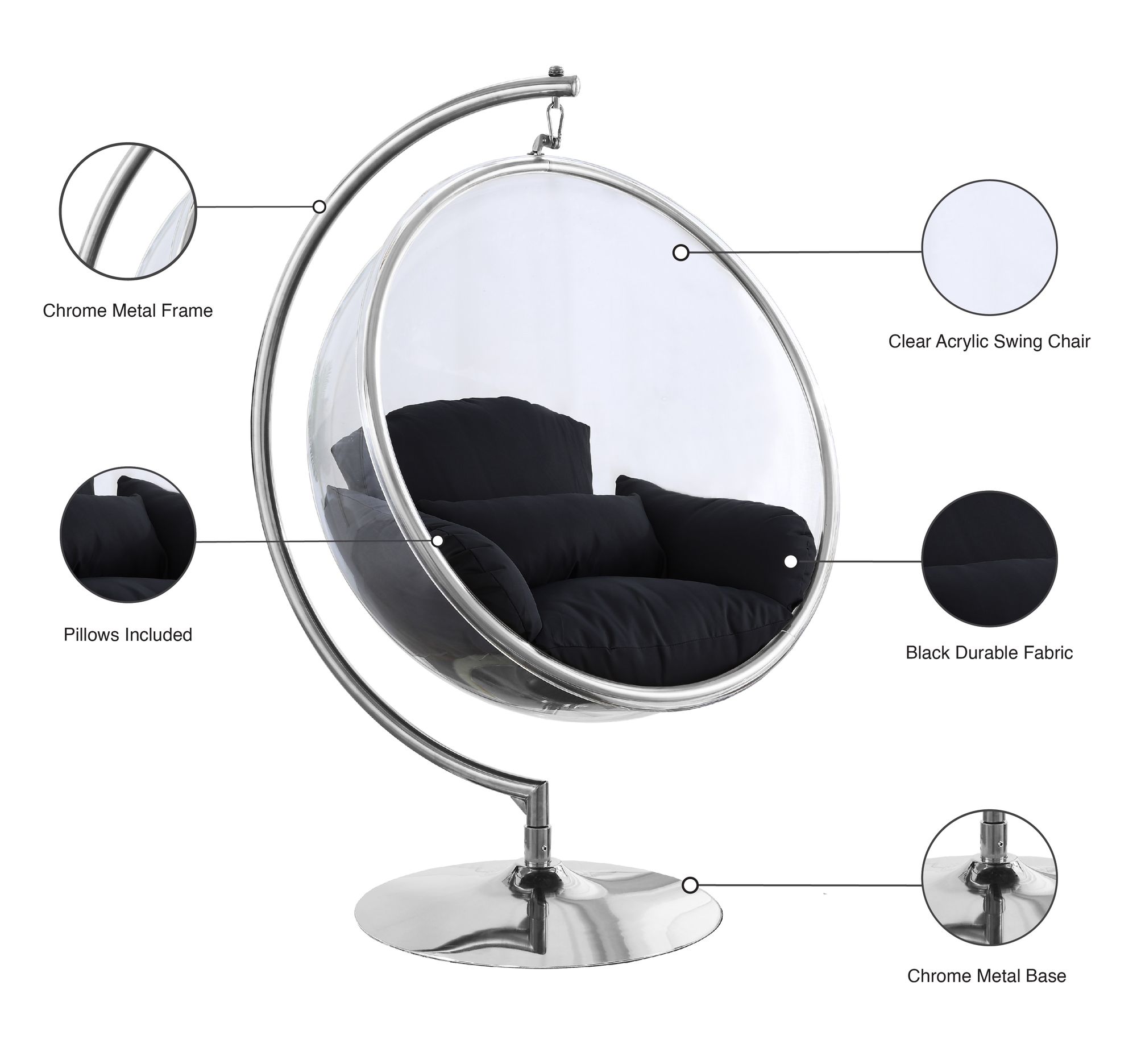 Luna Acrylic Swing Bubble Accent Chair with Chrome Metal Base