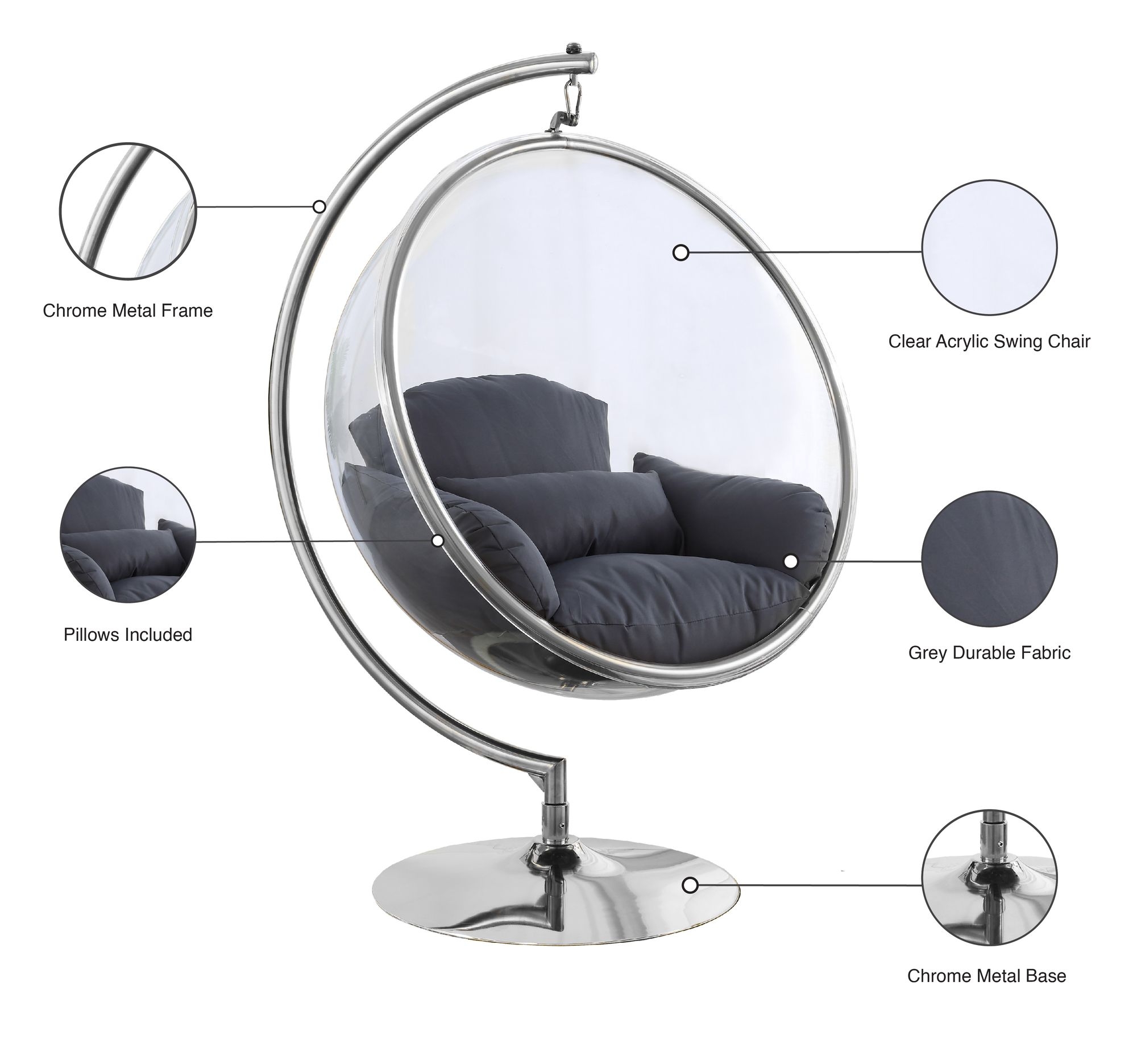Luna Acrylic Swing Bubble Accent Chair with Metal Base