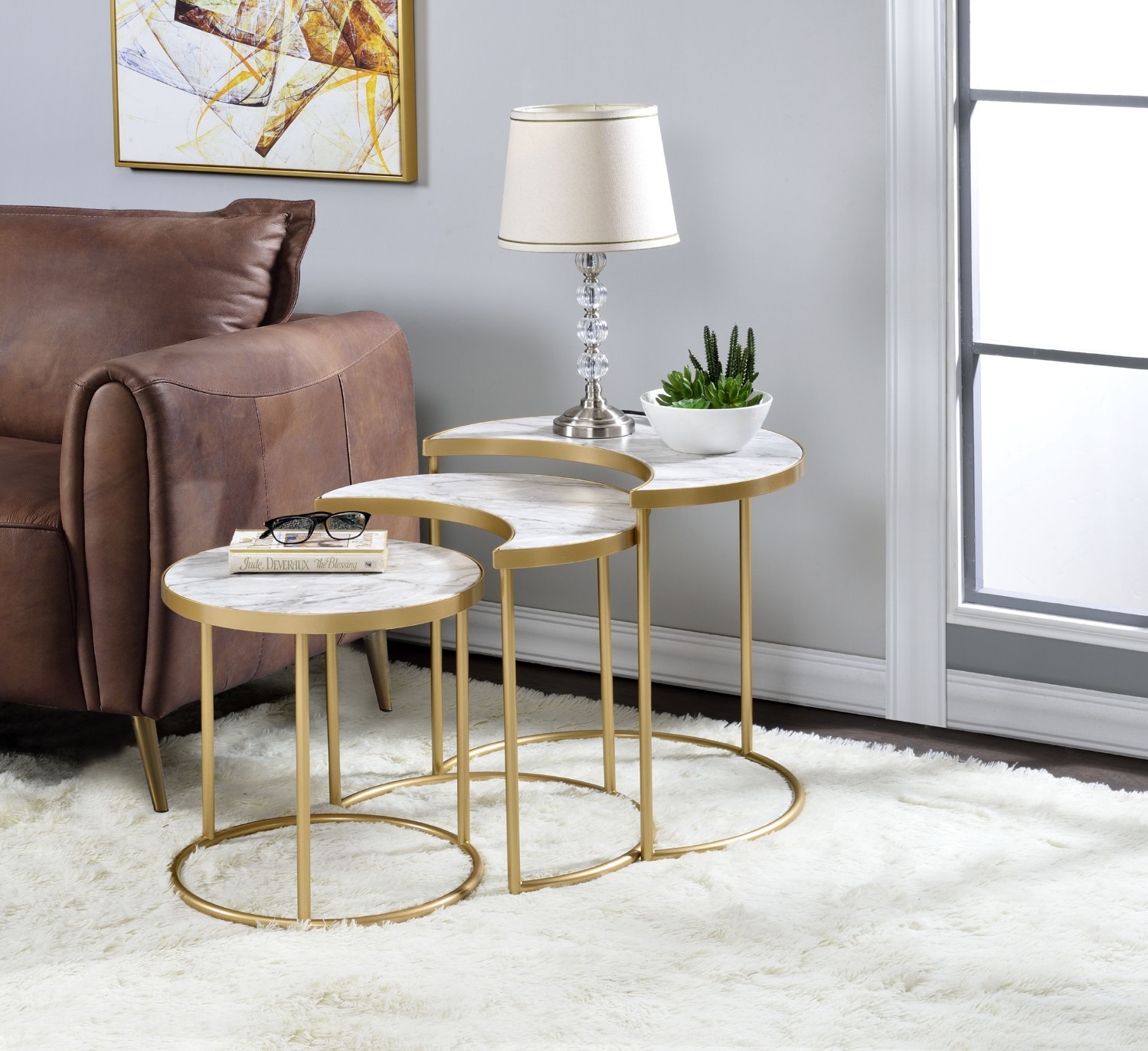 Anpay 3-Piece Faux Marble/Metal Nesting Coffee Table Set