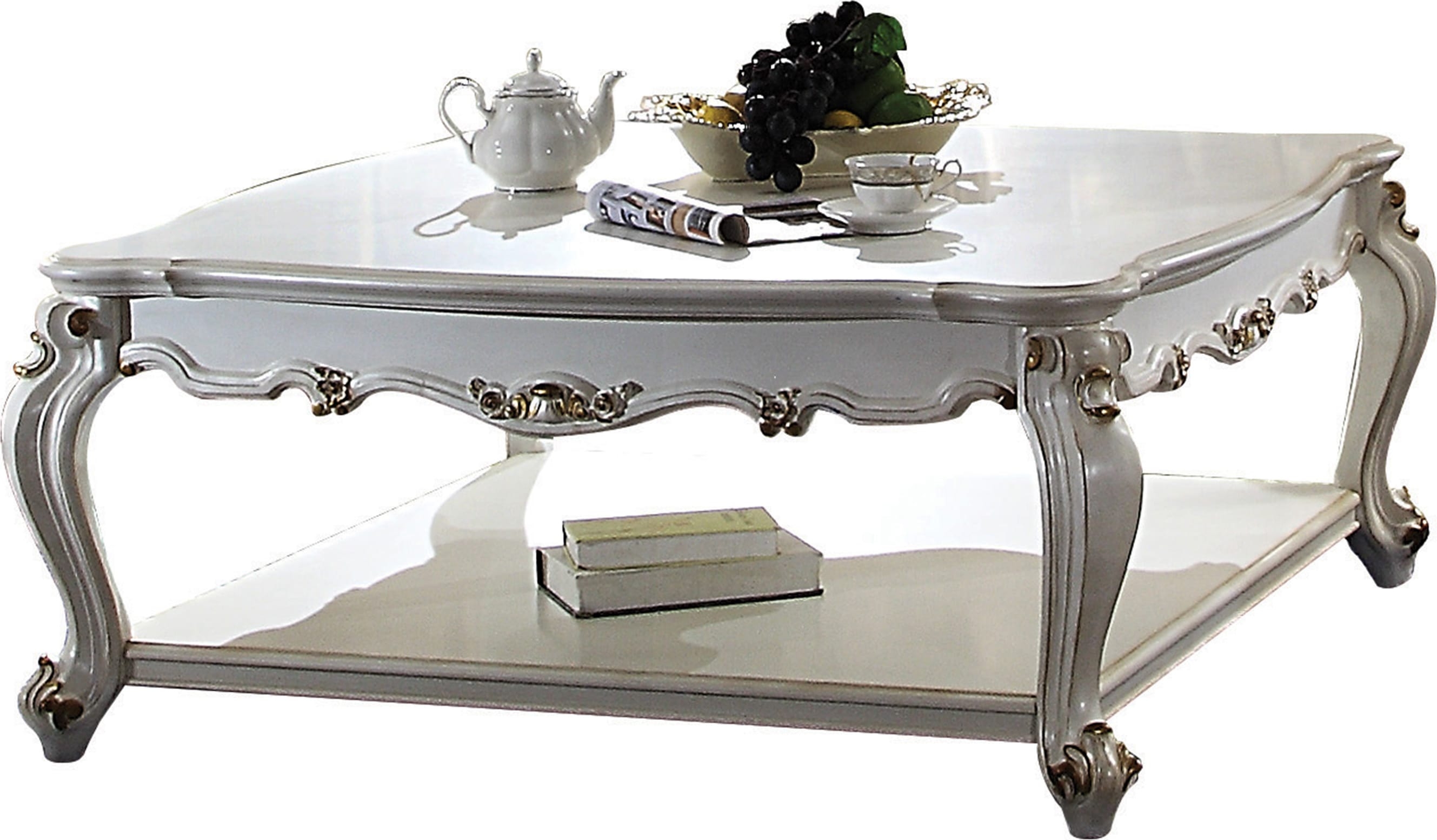  White Resin And Wood Coffee Table With Shelf