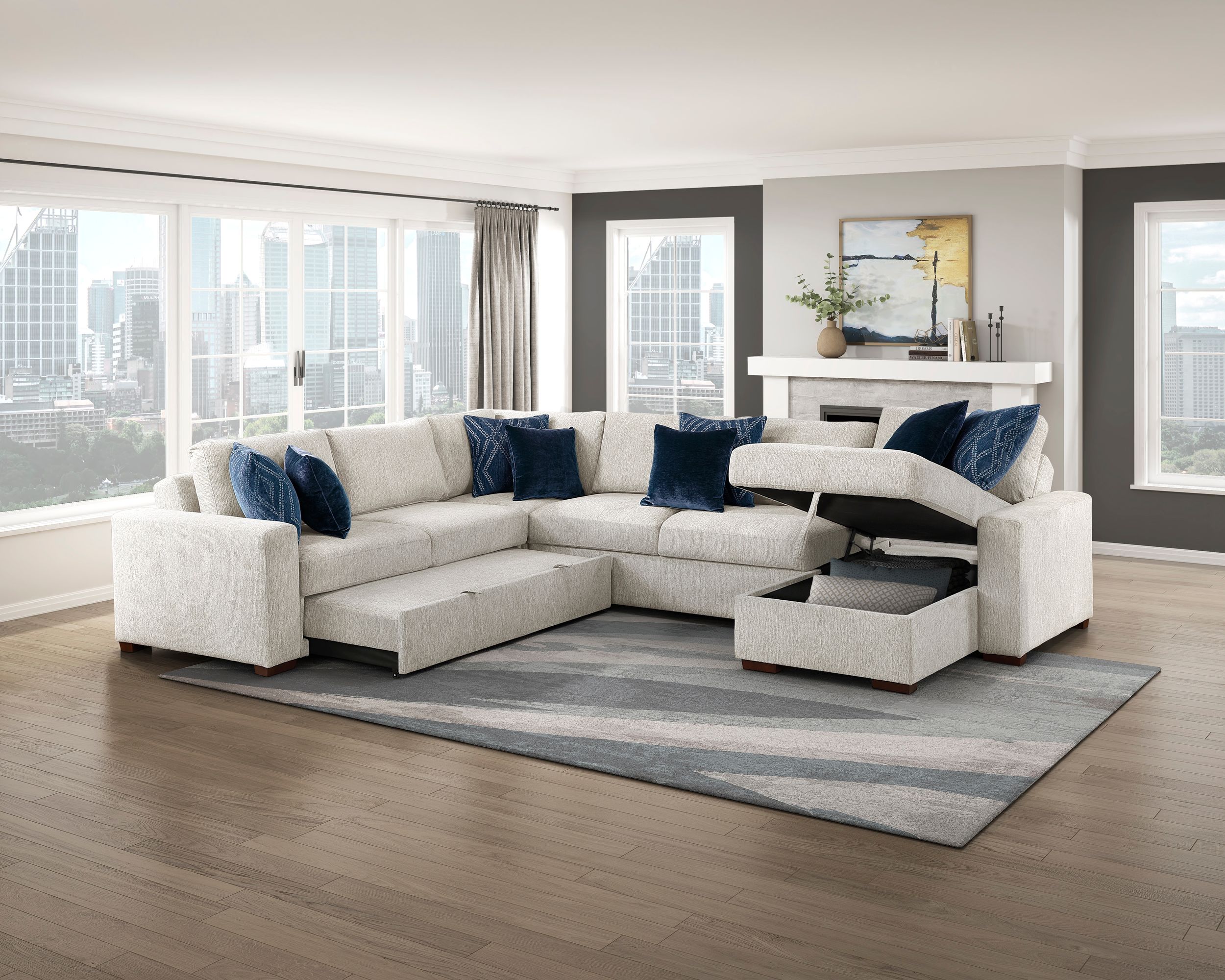 Isla U-Shaped Microfiber 4-Piece Modular Sectional with Reversible Chaise & Pull-out Bed