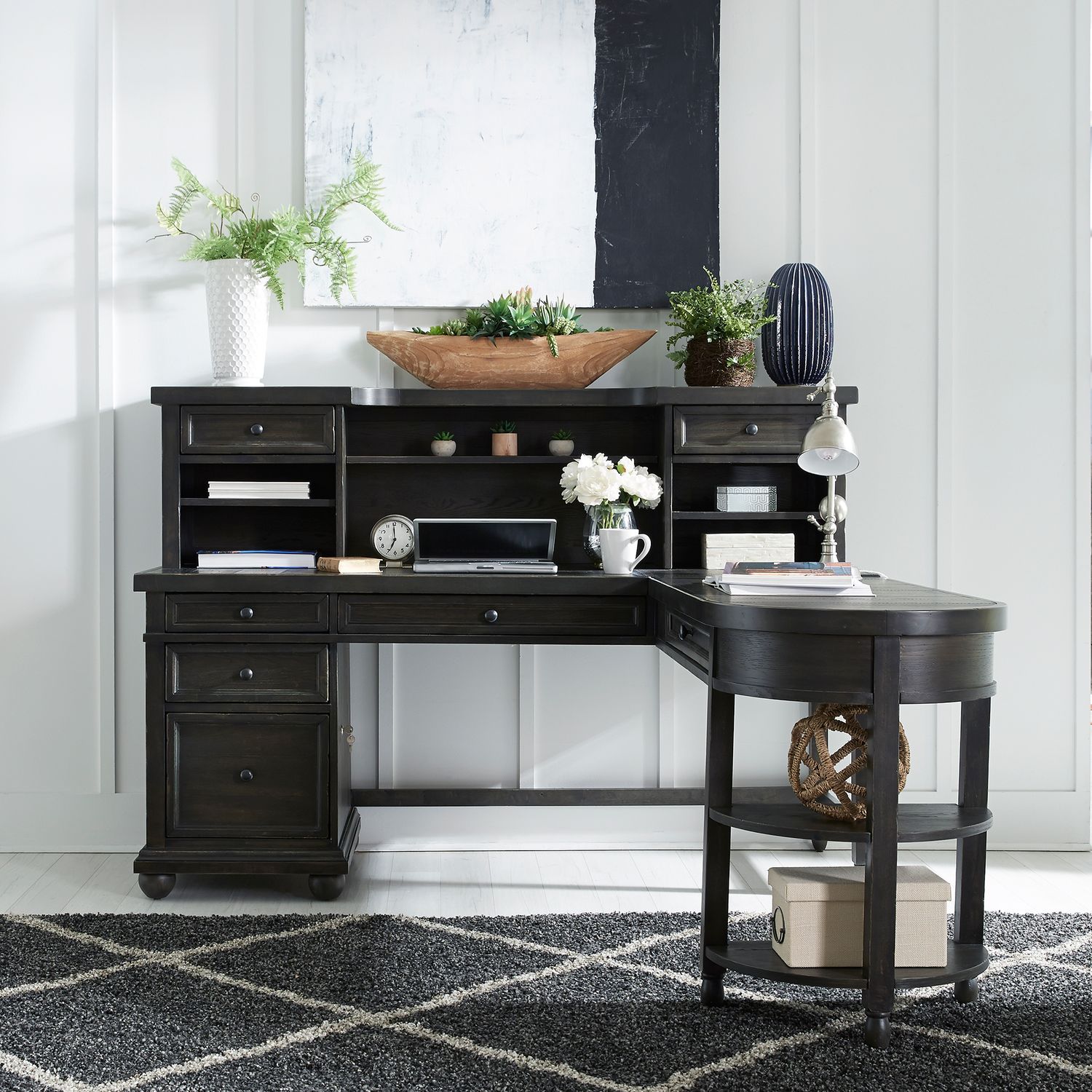 Harvest Home L-Shaped Wood 7-Drawer Desk Set w/Hutch & Charging Station