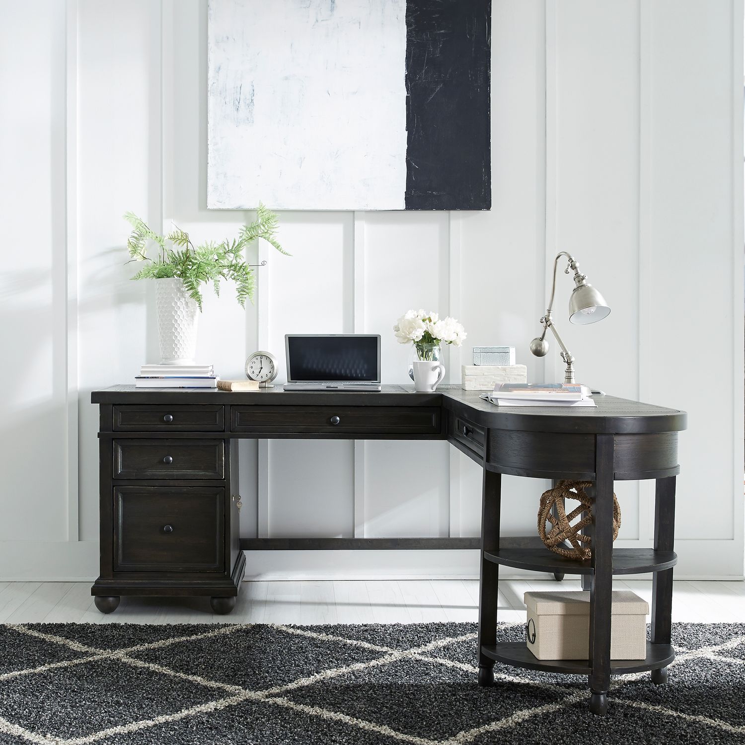 Harvest Home L-Shaped Wood 5-Drawer Desk Set w/Charging Station