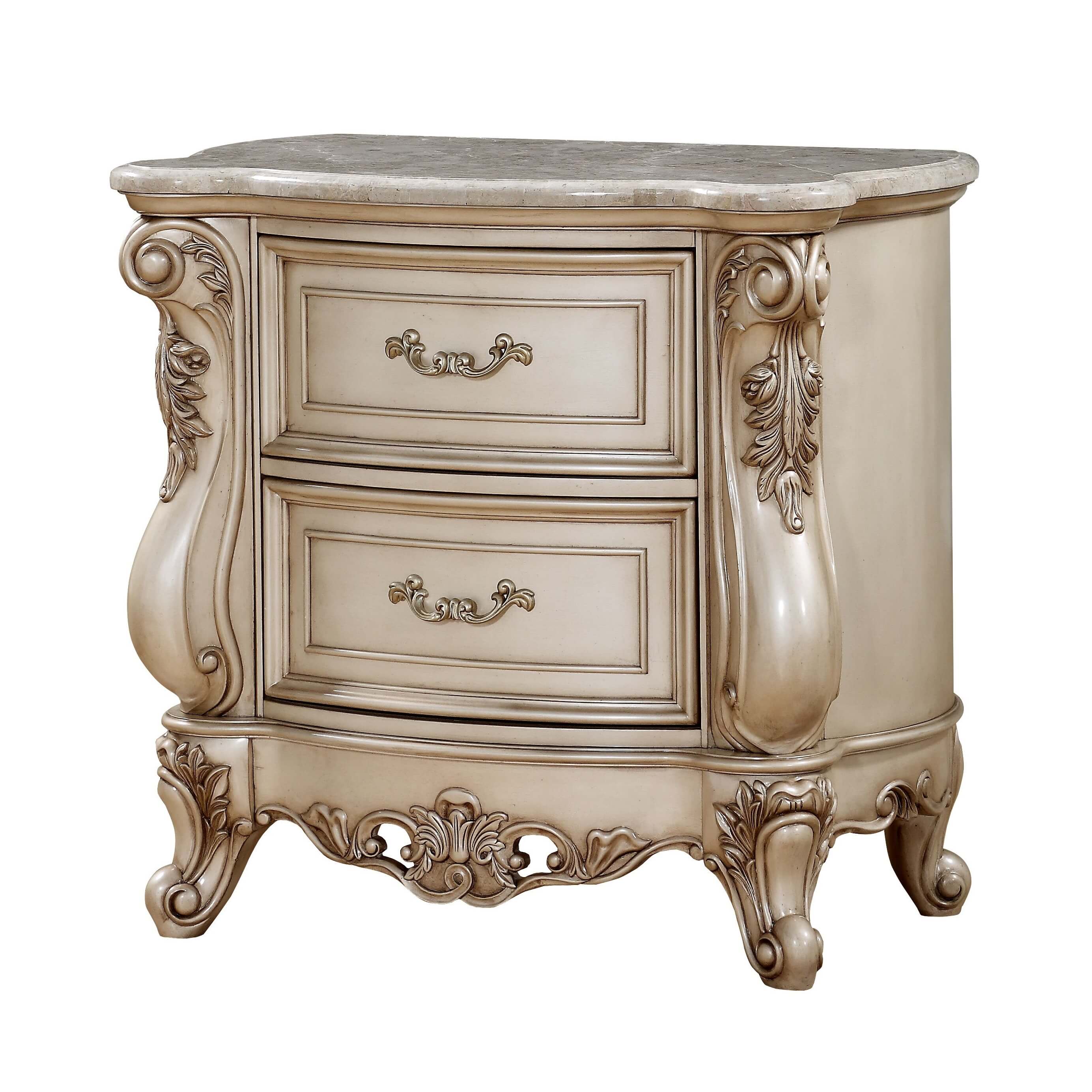 Acme Gorsedd 2-Drawer Wooden Nightstand with Marble Top in Golden Ivory