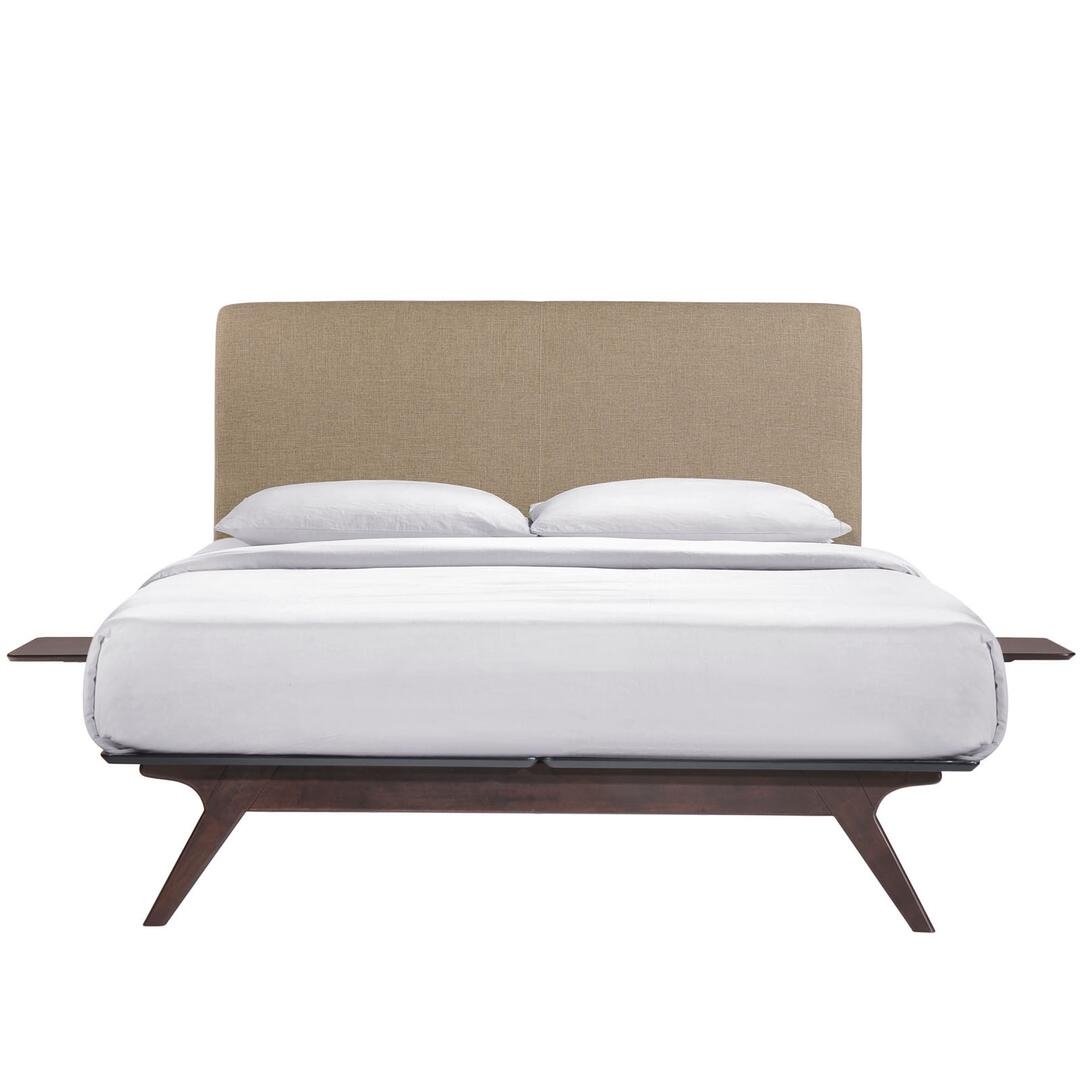 Tracy 3 Piece Queen Wood/Fabric Platform Bedroom Set, Cappuccino Latte by Modway Furniture
