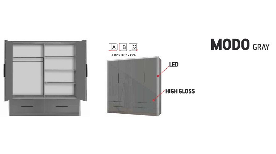 Modo 4-Door Wardrobe with 4 Drawers & LED Lighting