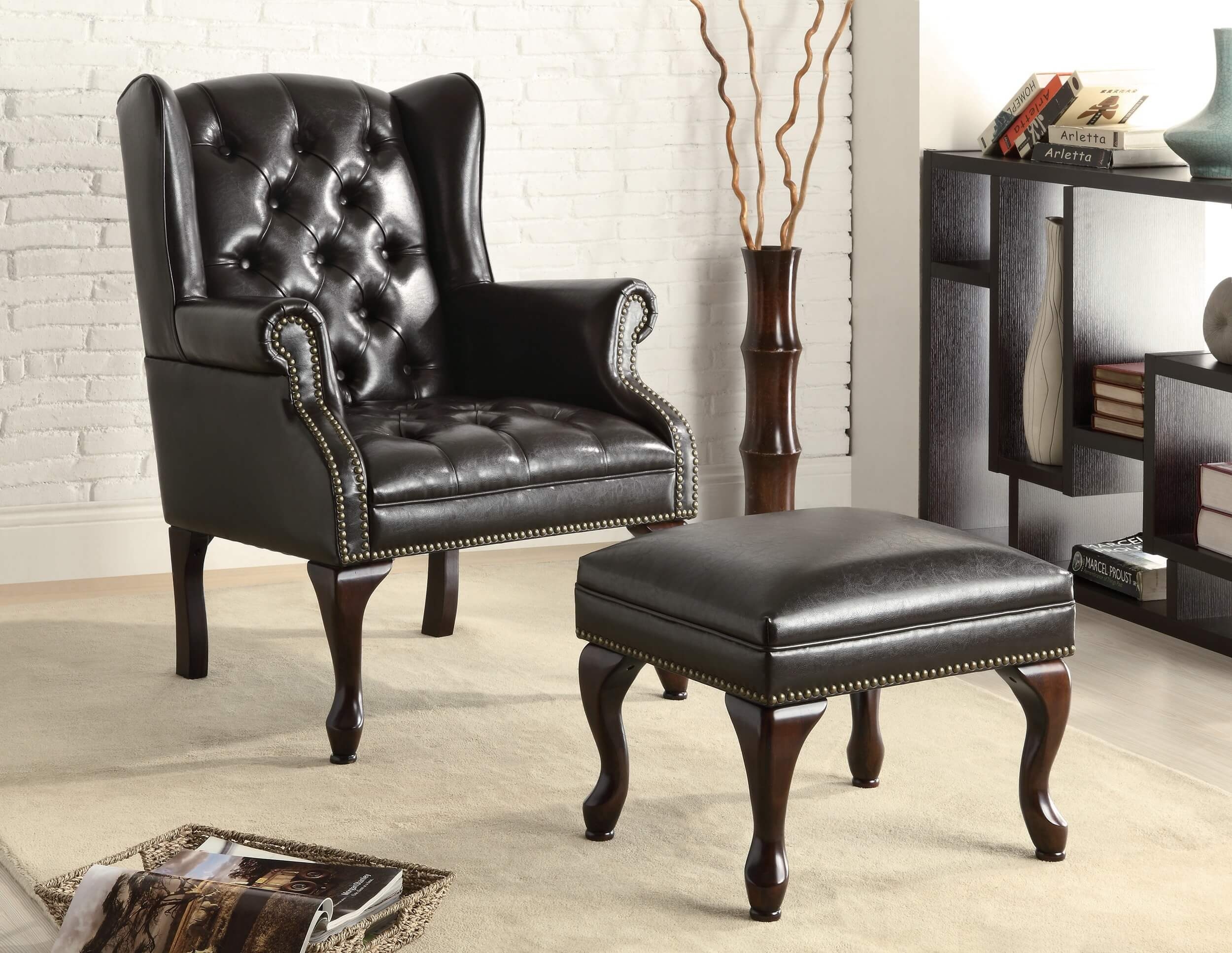 Roberts Button Tufted Back Leatherette Accent Chair with Ottoman