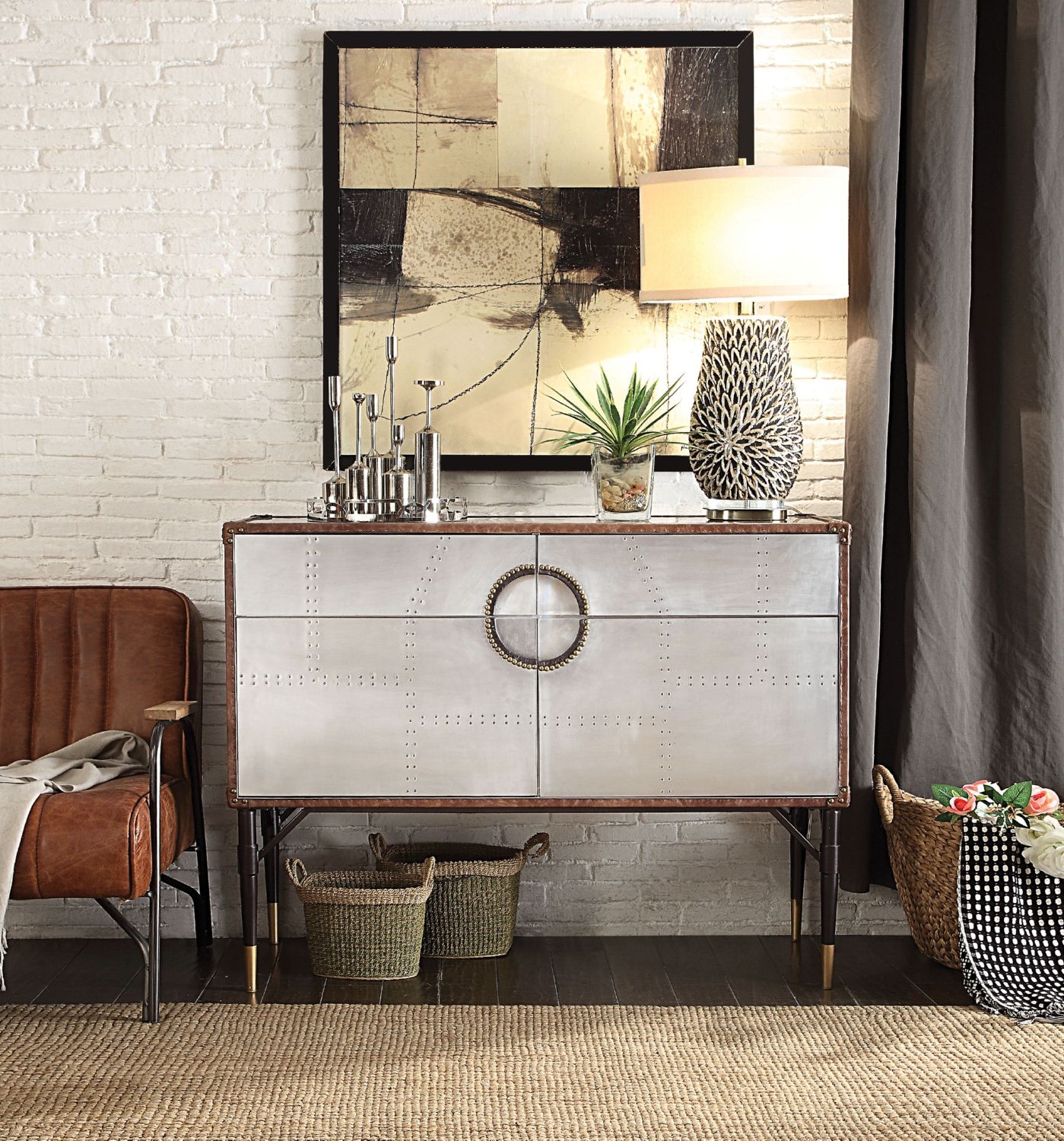 Brancaster Top Grain Leather/Aluminum Console Table