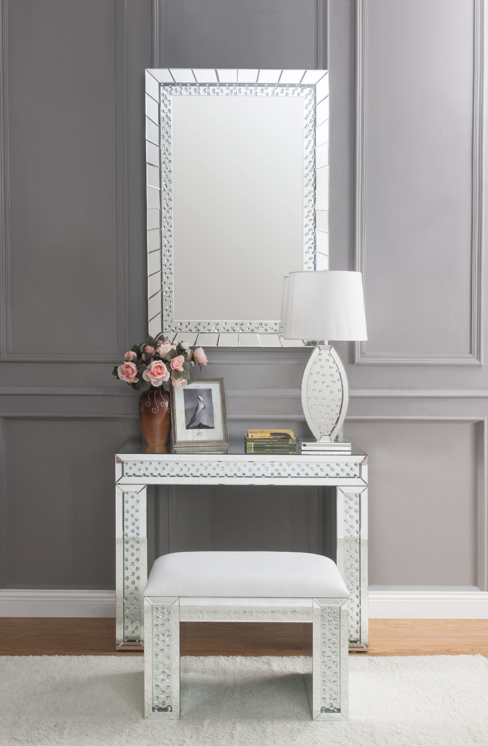 Nysa 90159 Mirrored/Faux Crystals Vanity Desk