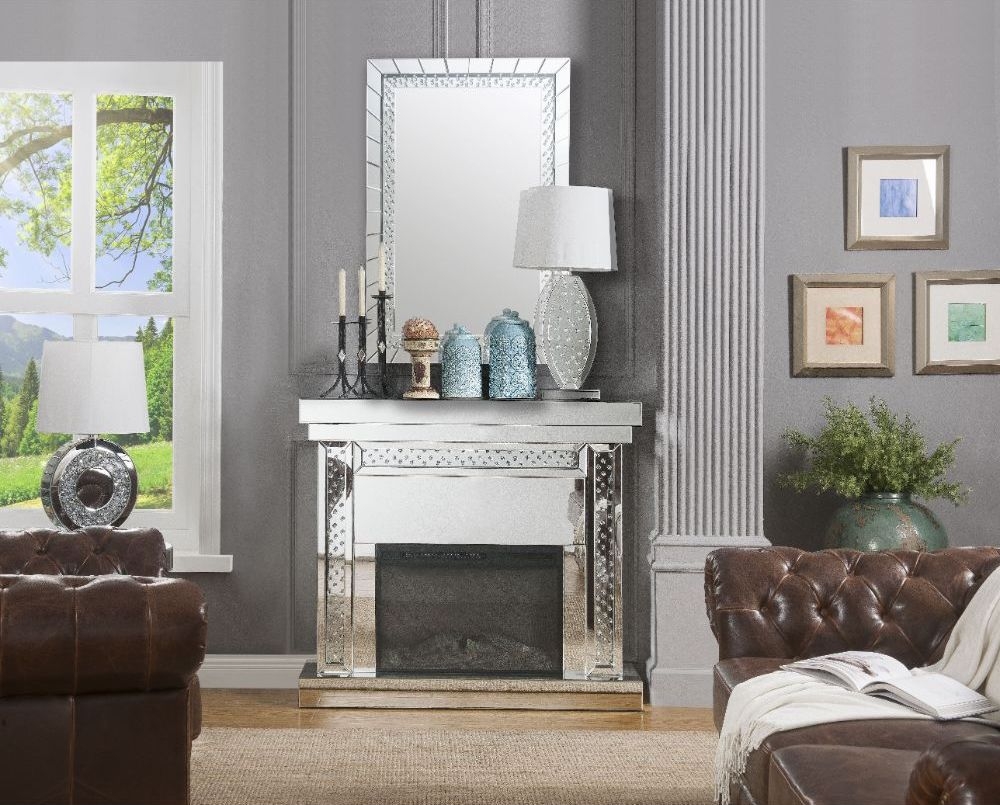 Nysa 90272 Mirror/Faux Crystals LED Fireplace w/ Adjustable Temperature & Timer