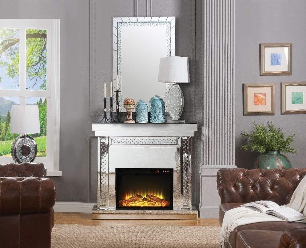 Nysa 90272 Mirror/Faux Crystals LED Fireplace w/ Adjustable Temperature & Timer
