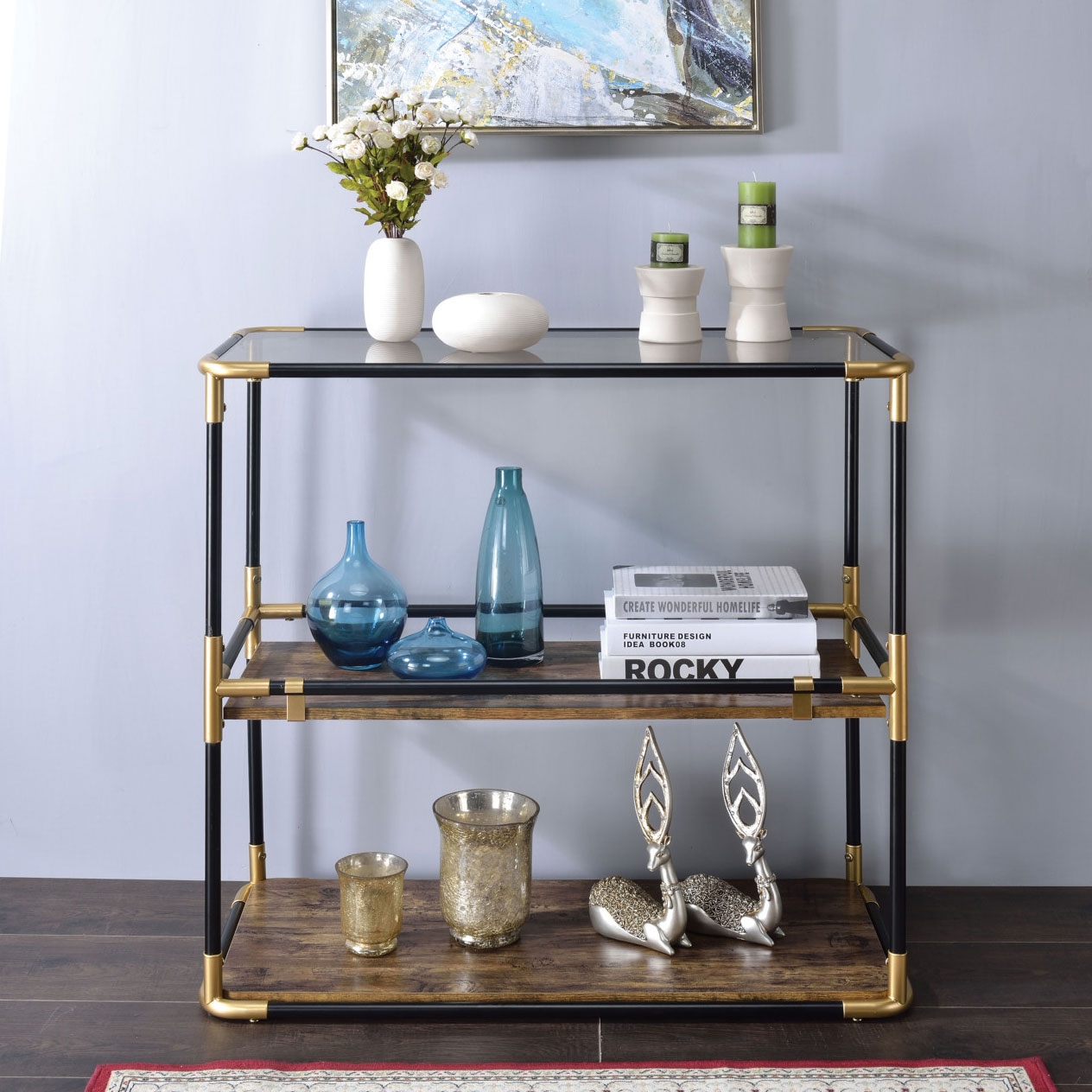 Heleris Glass/Wood/Metal Accent Table