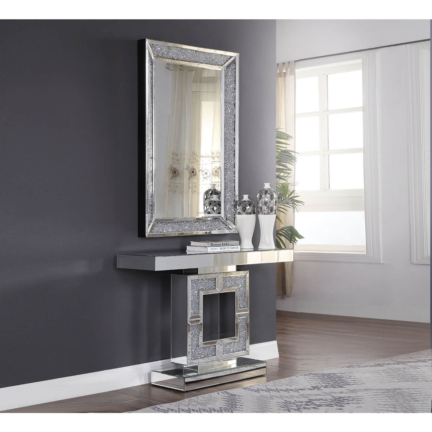 Noralie 90450 Mirrored/Faux Diamonds Console Table