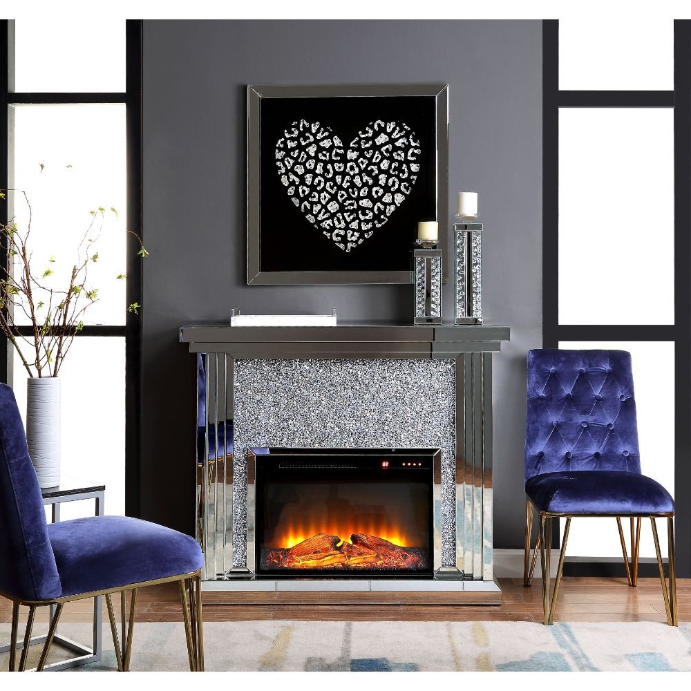 Noralie 90455 Mirror/Faux Diamonds LED Fireplace w/ Adjustable Temperature & Timer