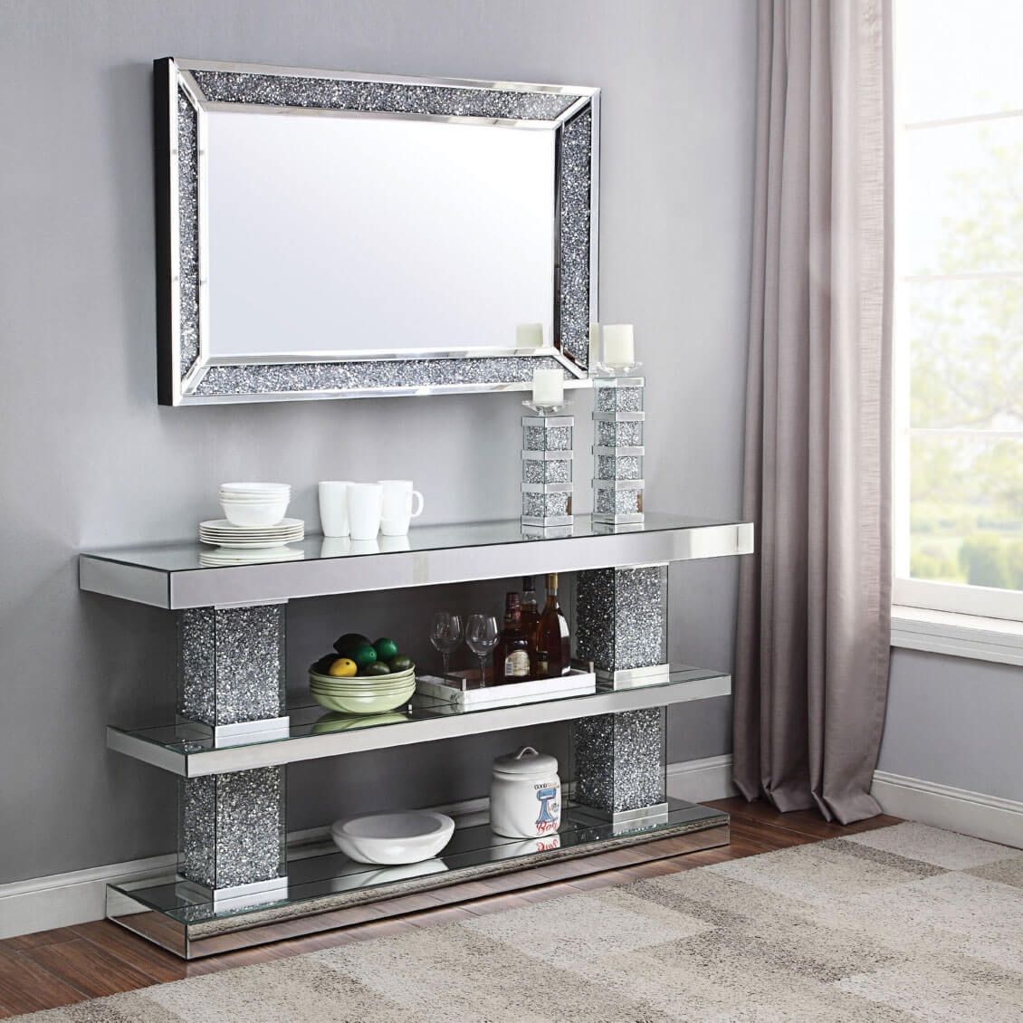 Noralie 90462 Mirrored/Faux Diamonds Console Table