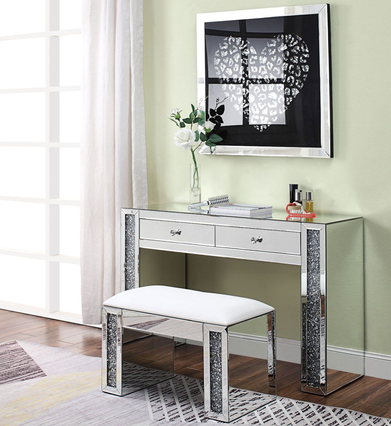 Noralie 90465 Mirrored/Faux Diamonds Vanity Desk