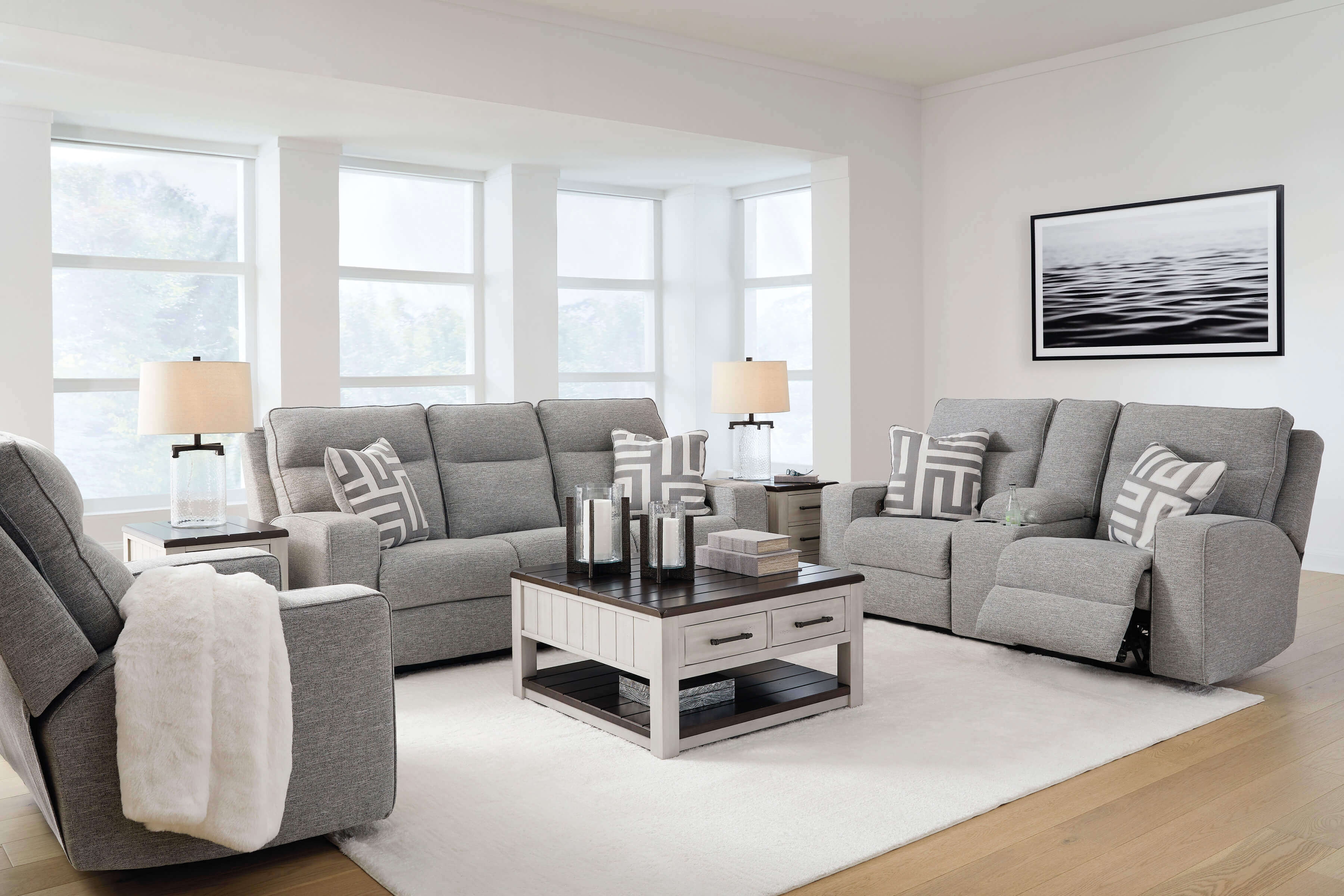 Biscoe Polyester Power Sofa, Loveseat and chair