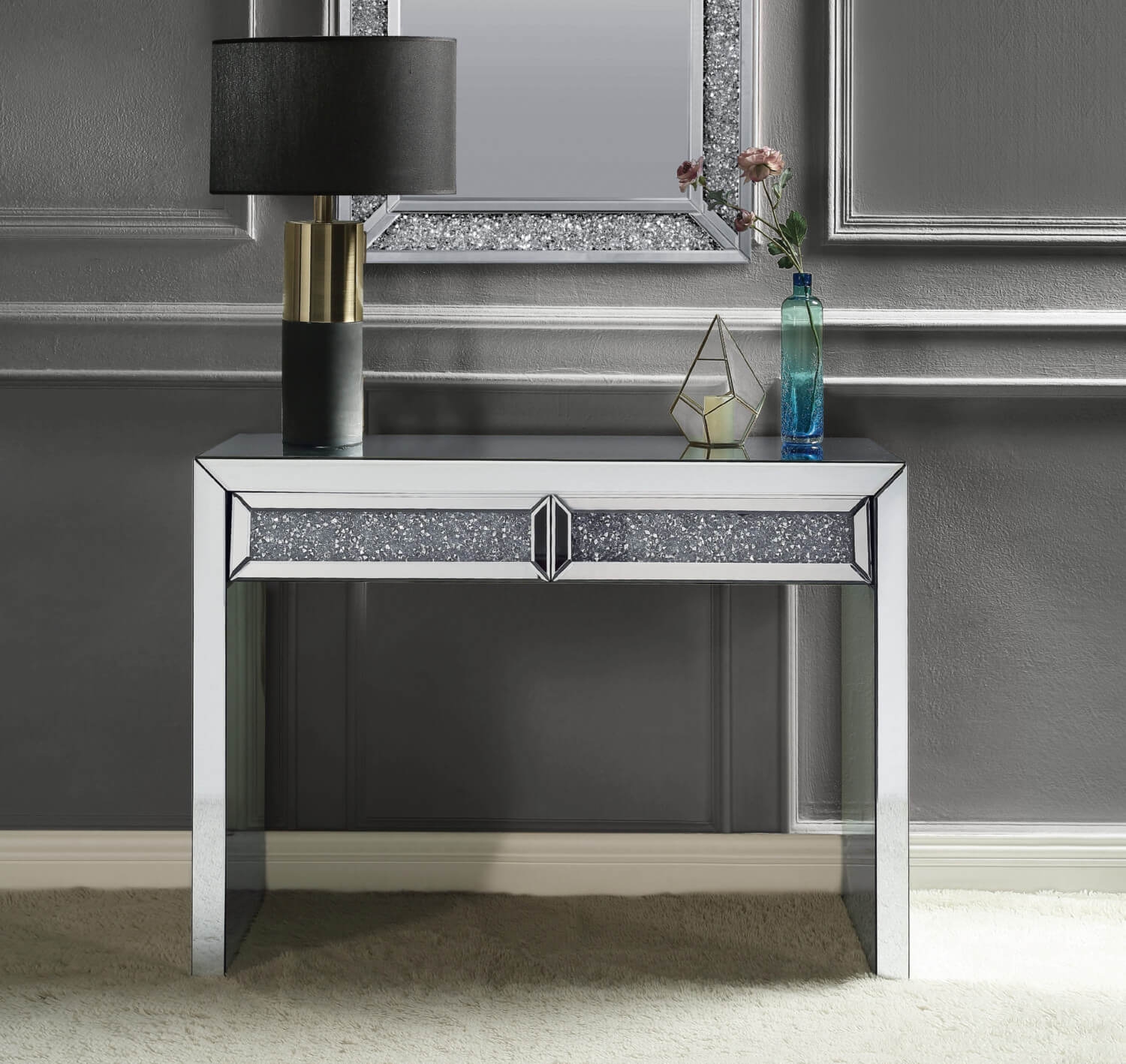 Noralie 90505 Mirrored/Faux Diamonds Console Table