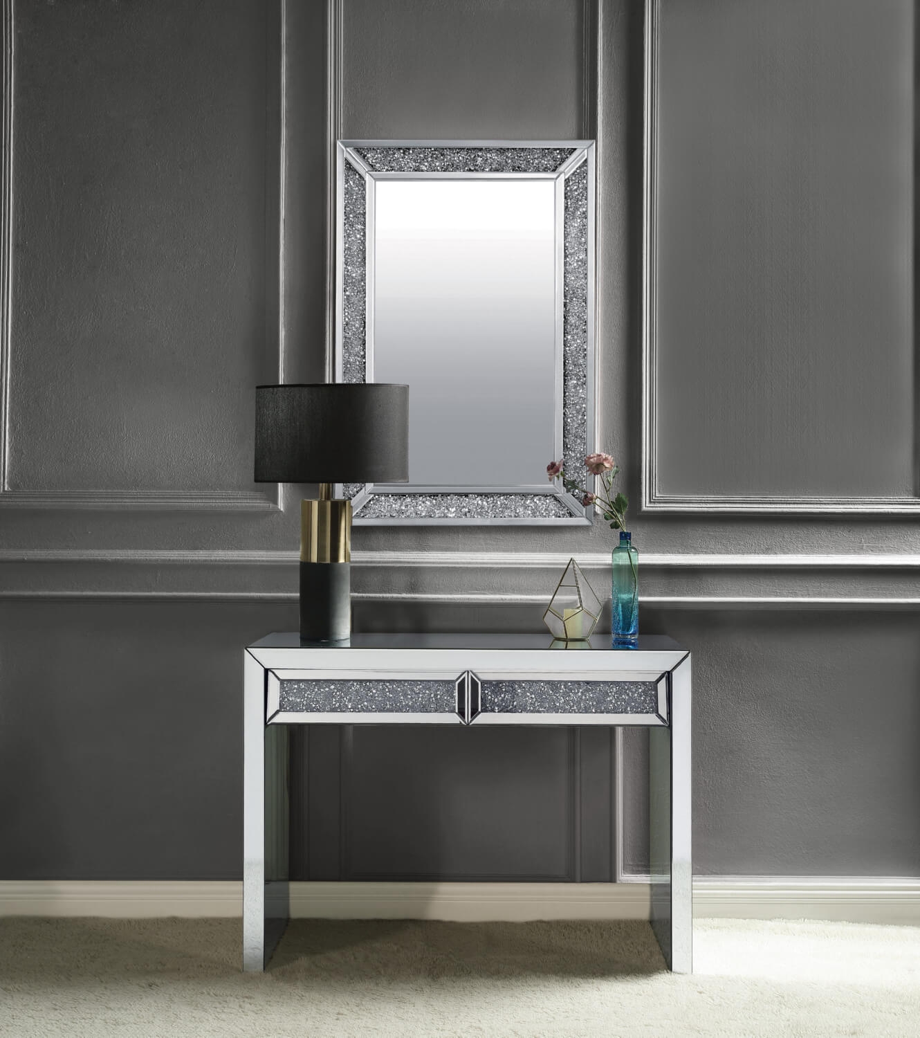 Noralie 90505 Mirrored/Faux Diamonds Console Table