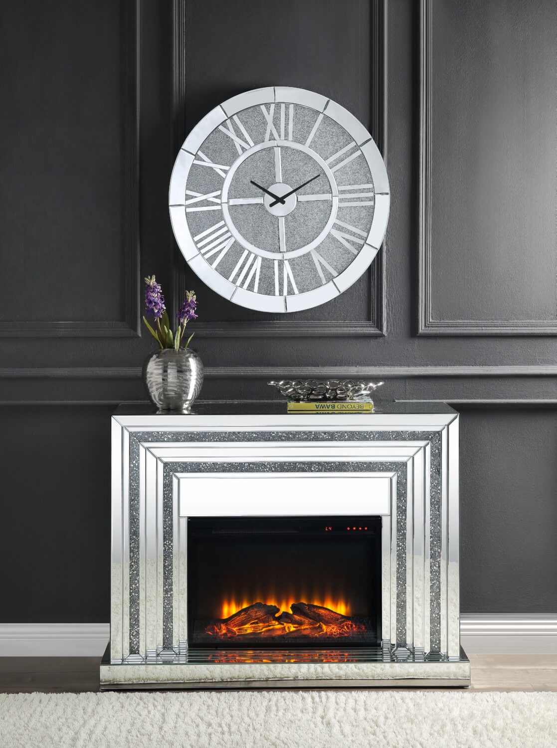 Noralie 90523 Mirror/Faux Diamonds LED Fireplace w/ Adjustable Temperature & Timer
