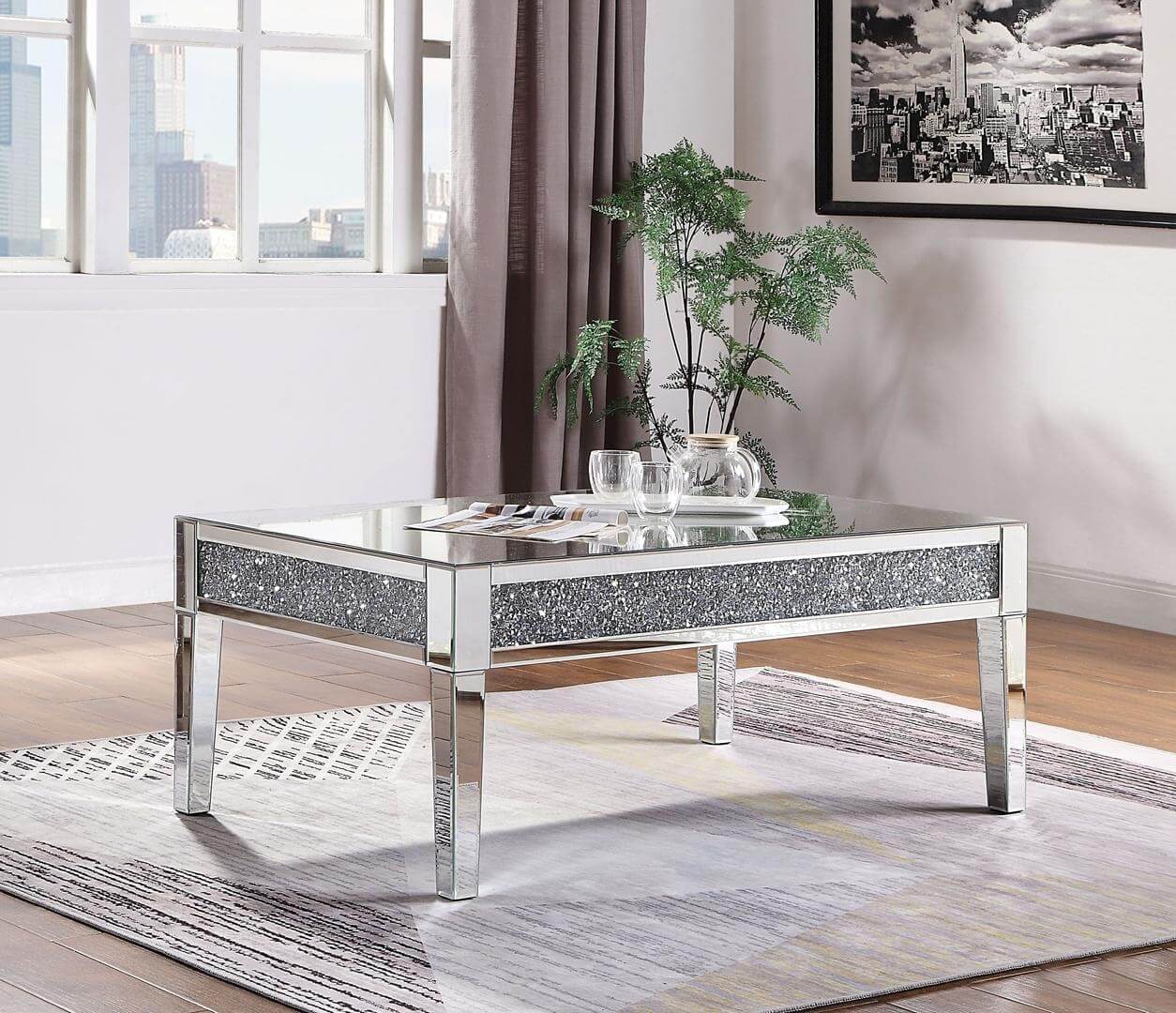Noralie Mirrored/Faux Diamonds Rectangular Coffee Table