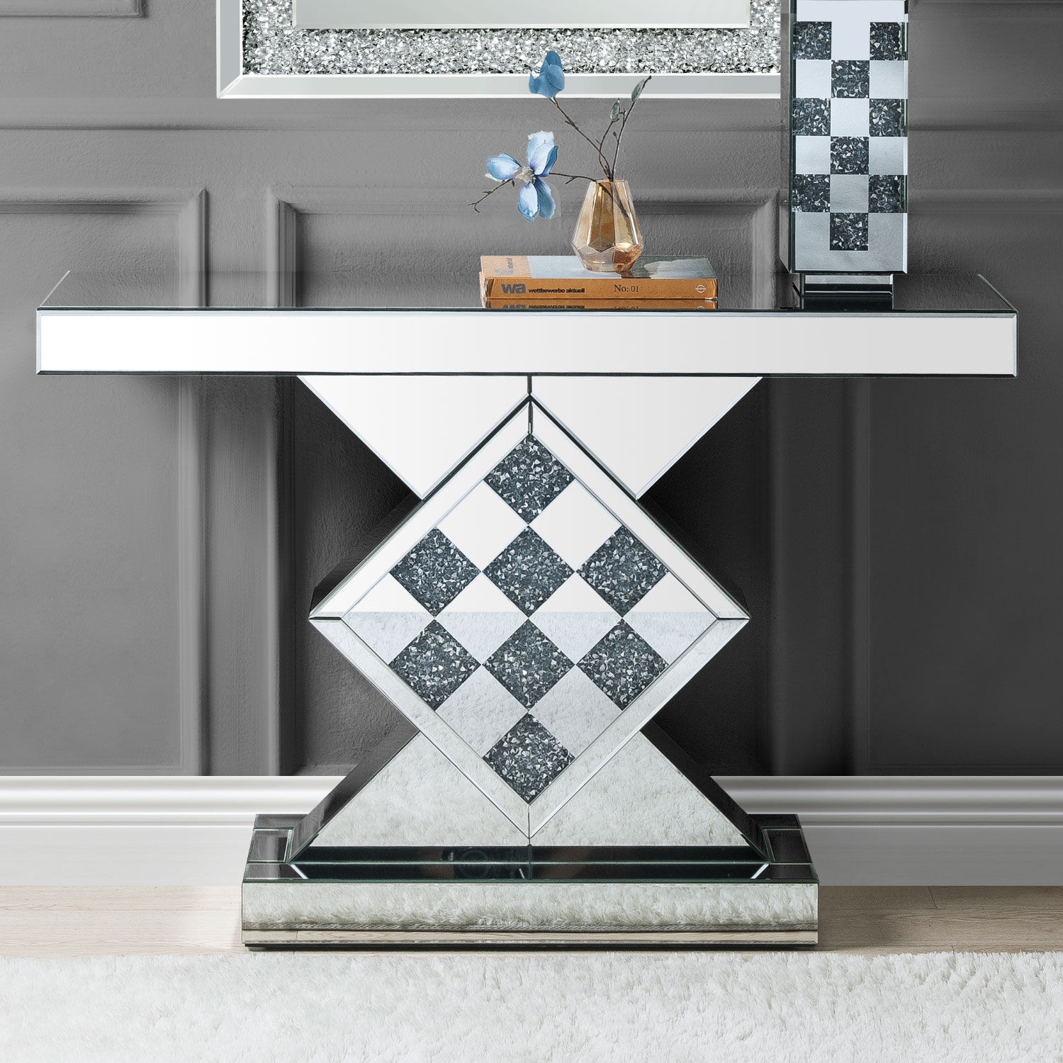 Noralie 90622 Mirrored/Faux Diamonds Console Table