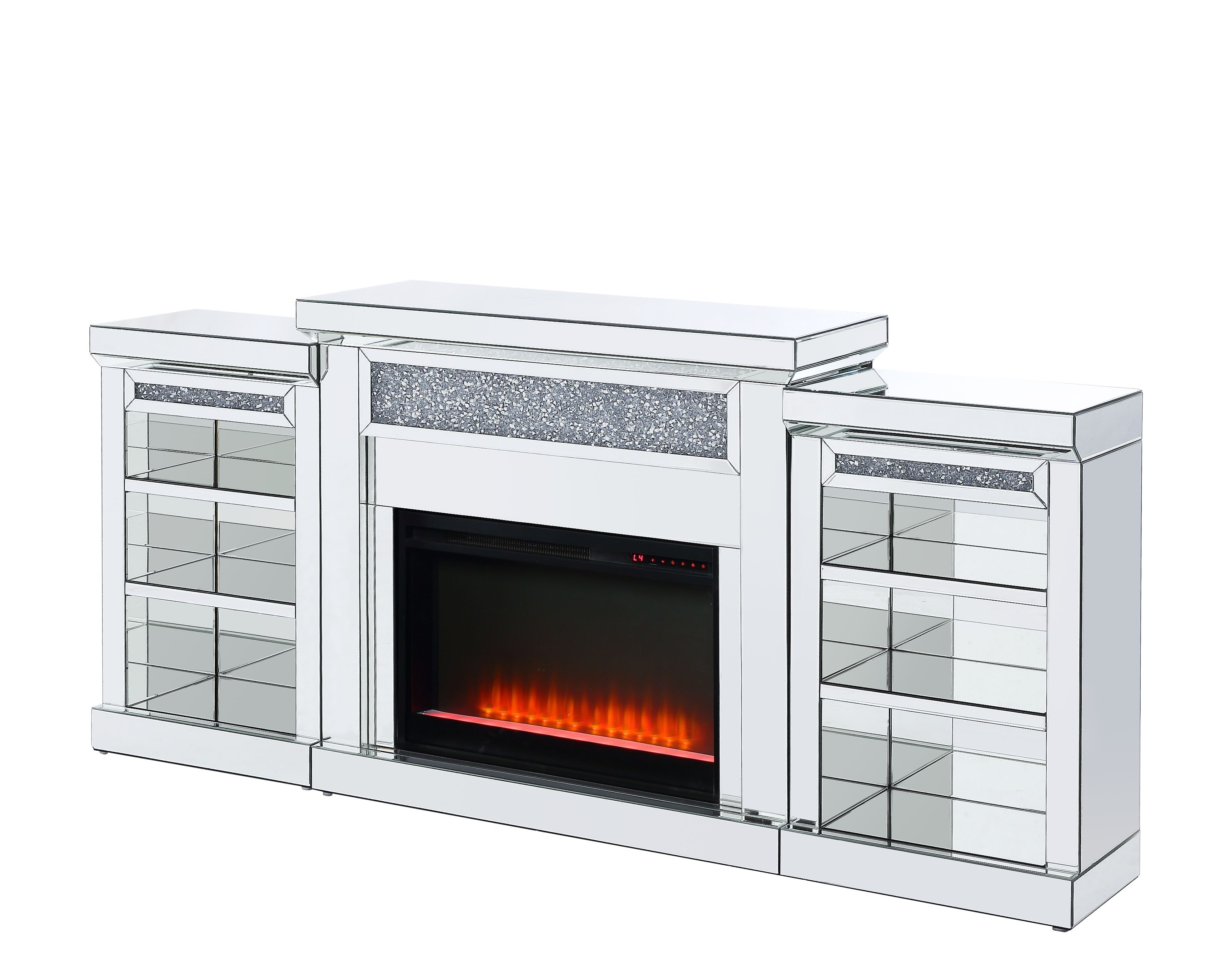 Noralie 90655 Mirror/Faux Diamonds LED Fireplace & Side Pier w/ Adjustable Temperature & Timer