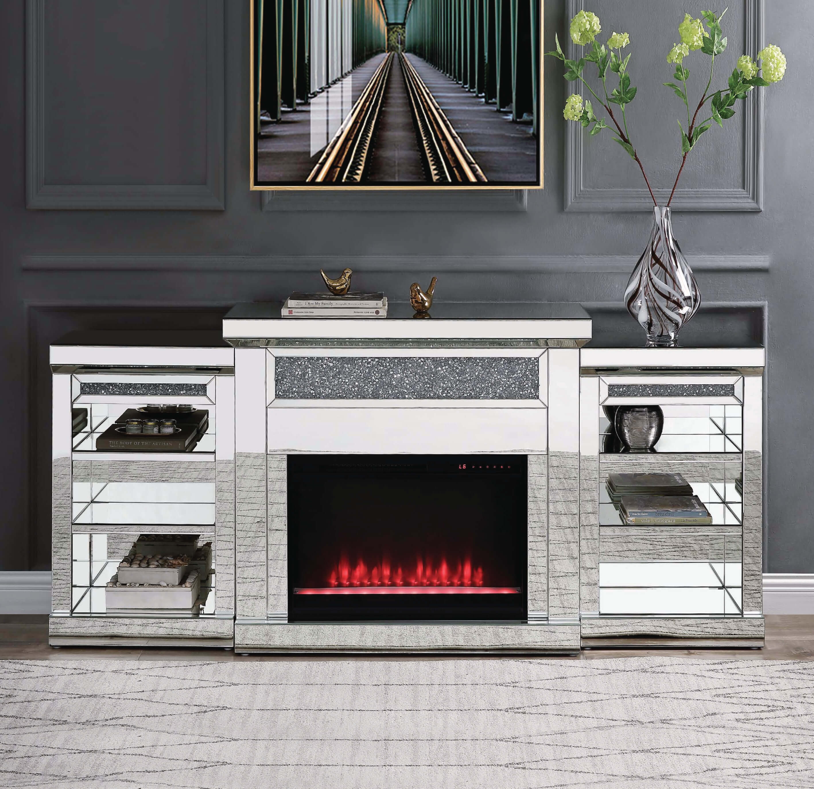 Noralie 90655 Mirror/Faux Diamonds LED Fireplace & Side Pier w/ Adjustable Temperature & Timer