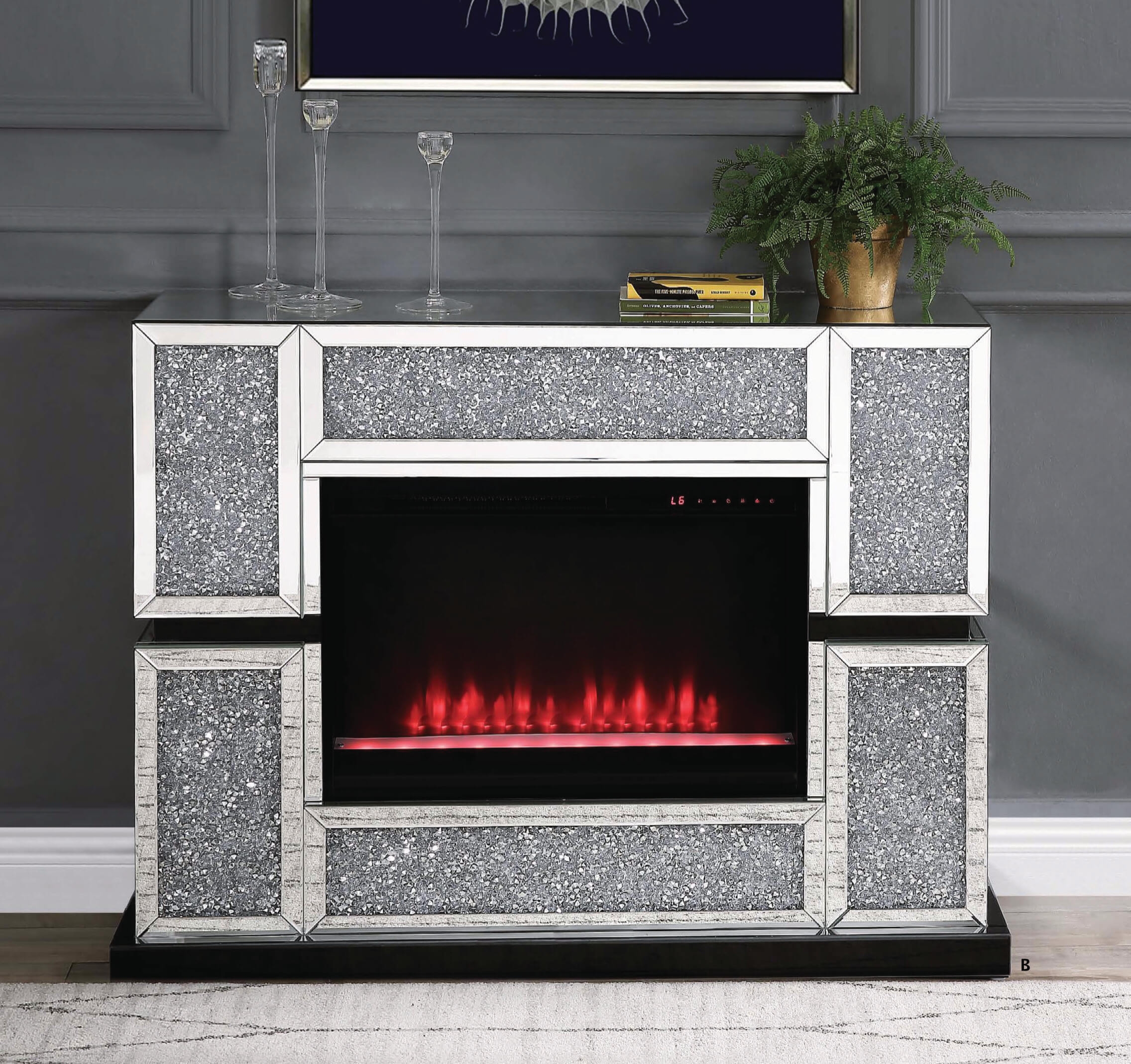 Noralie 90660 Mirror/Faux Diamonds LED Fireplace w/ Adjustable Temperature & Timer