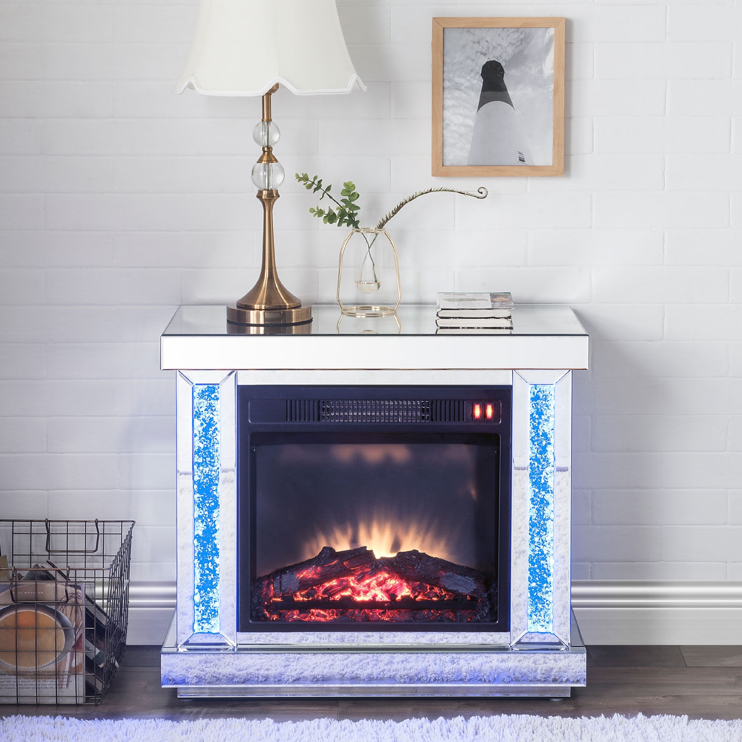 Noralie 90864 Mirror/Faux Diamonds LED Fireplace w/ LED Lighting, Remote Control & Timer